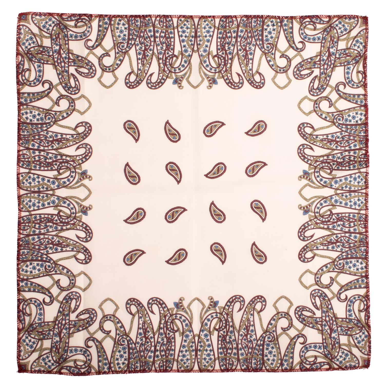 Fazzoletto da Taschino Vintage di Cotone Bianco Sporco Paisley Verde Oliva Borgogna Celeste POCV1074 Made in Italy Graffeo Cravatte