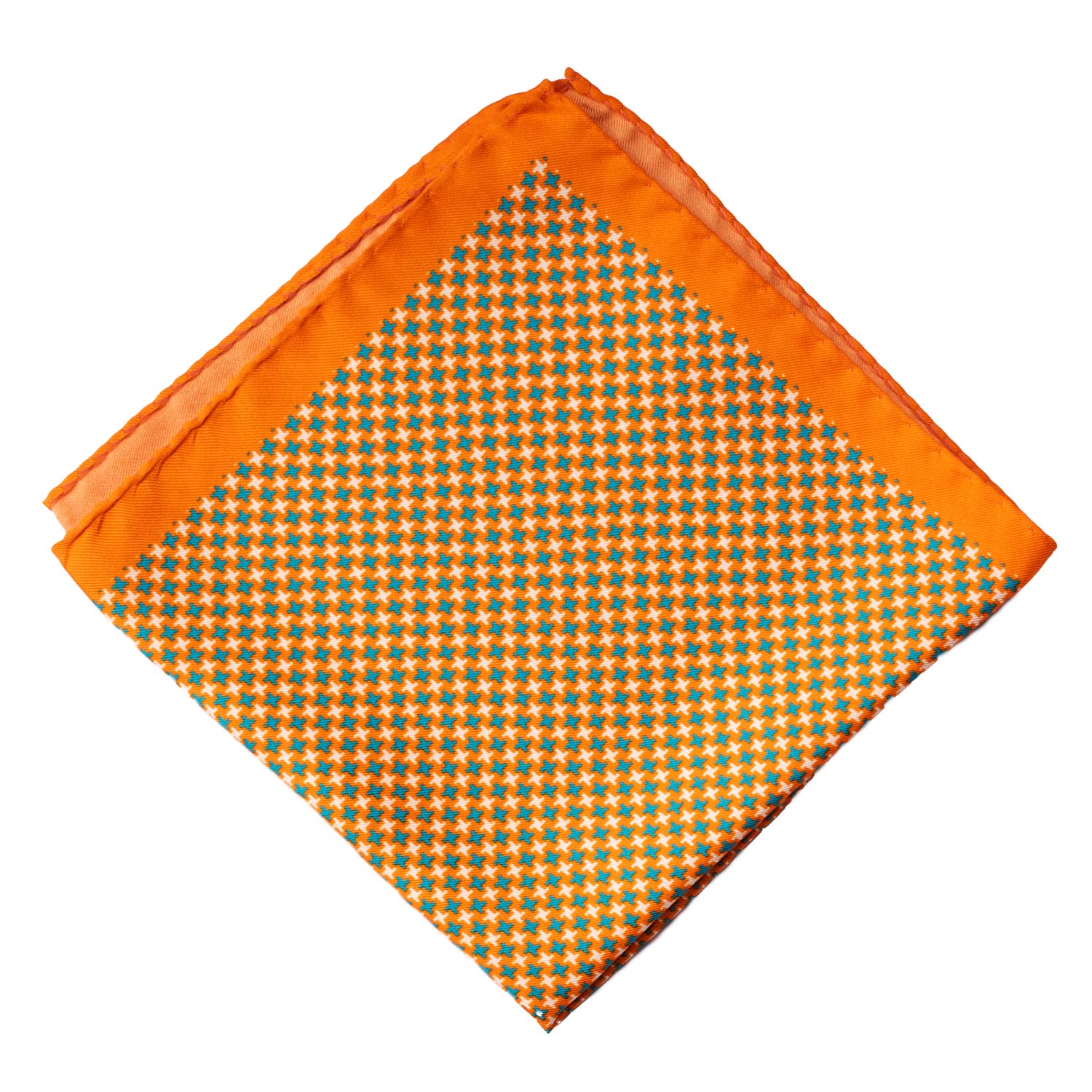 Fazzoletto da Taschino Vintage di Seta Arancione Pied de Poule Tiffany Grigio Chiaro POCV779 Piegata