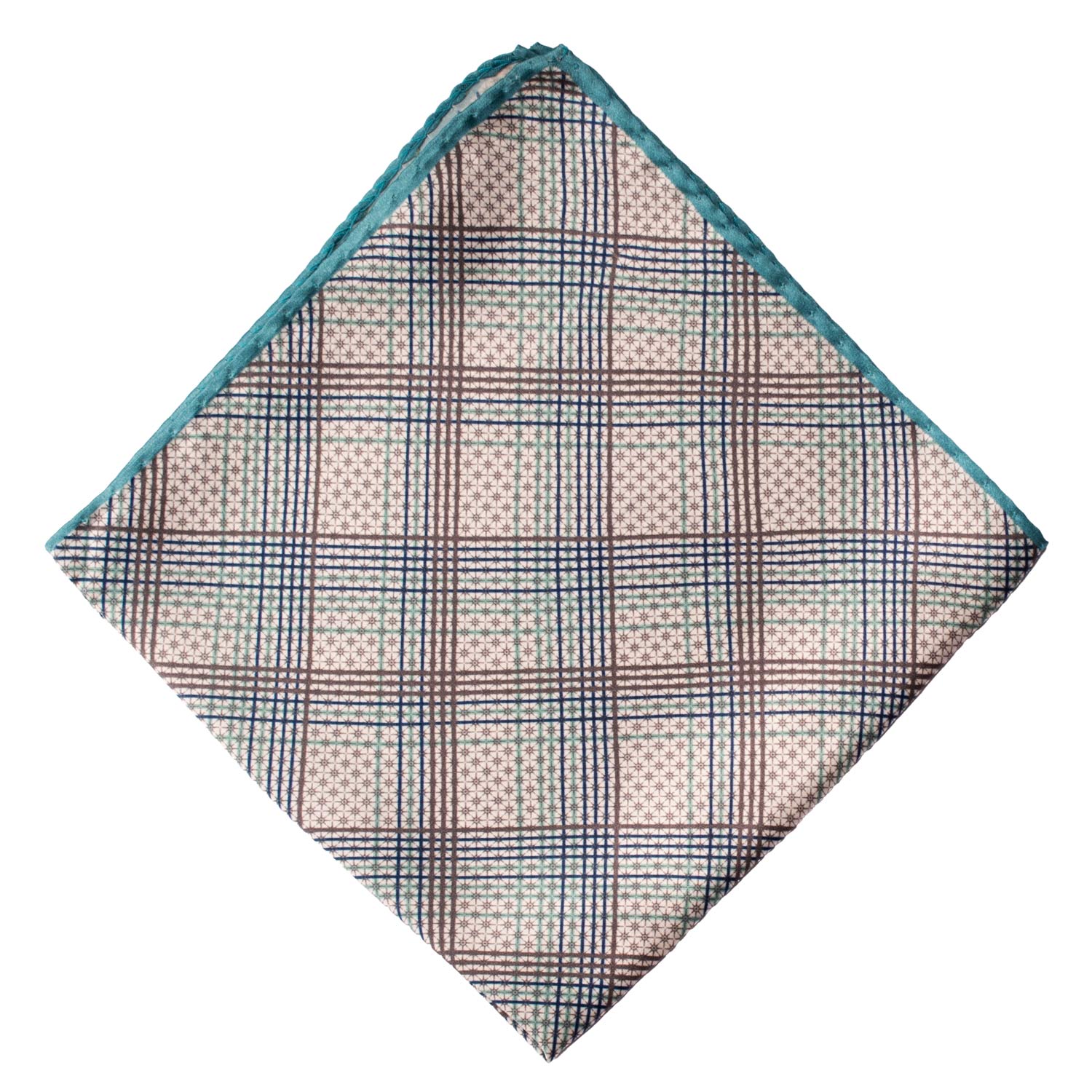 Fazzoletto da Taschino Vintage di Seta Bianco Fantasia Ottanio Grigio Blu POCV792 piegata