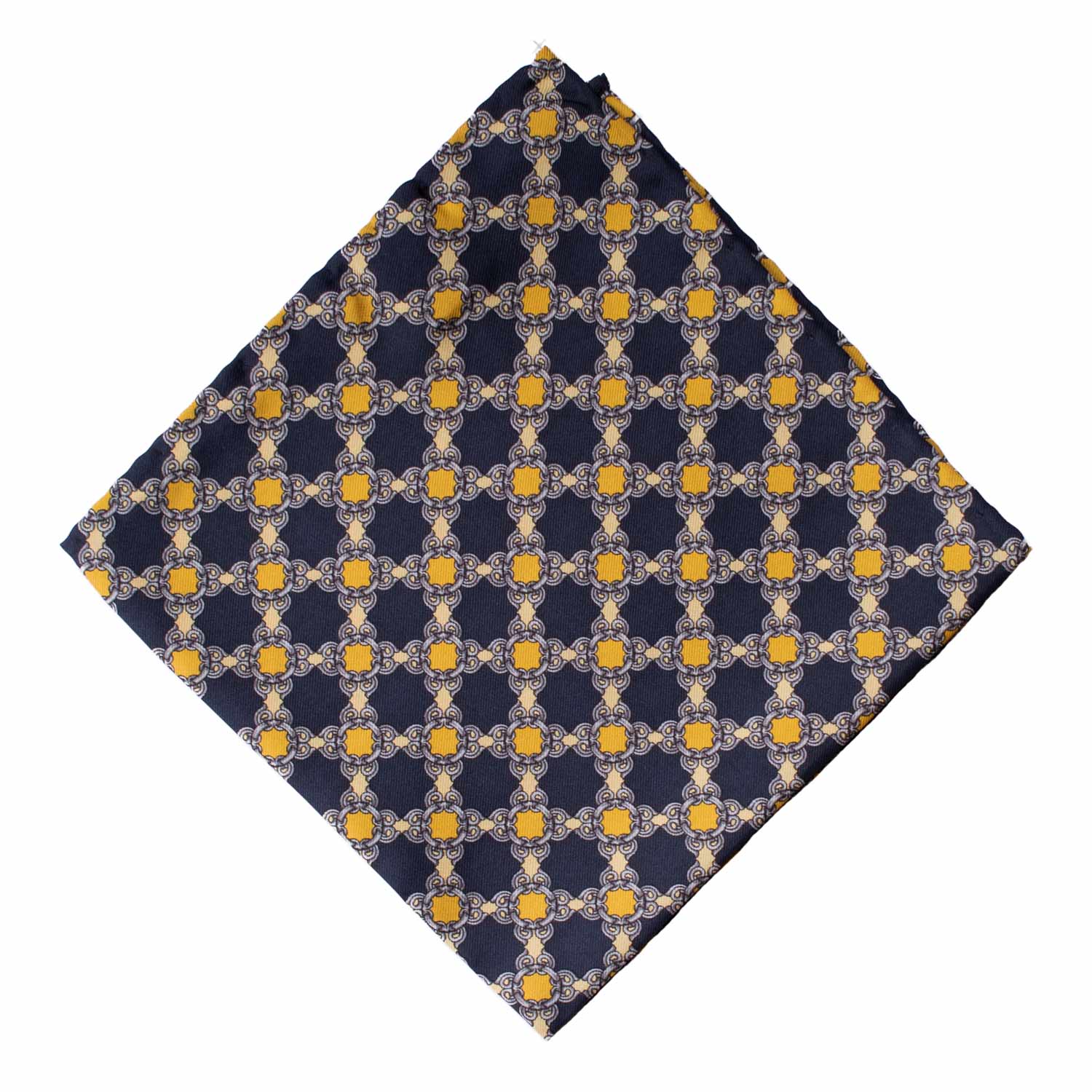 Fazzoletto da Taschino Vintage di Seta Blu Fantasia Gialla Grigia POCV1039 Graffeo Cravatte Made in Italy Rombo