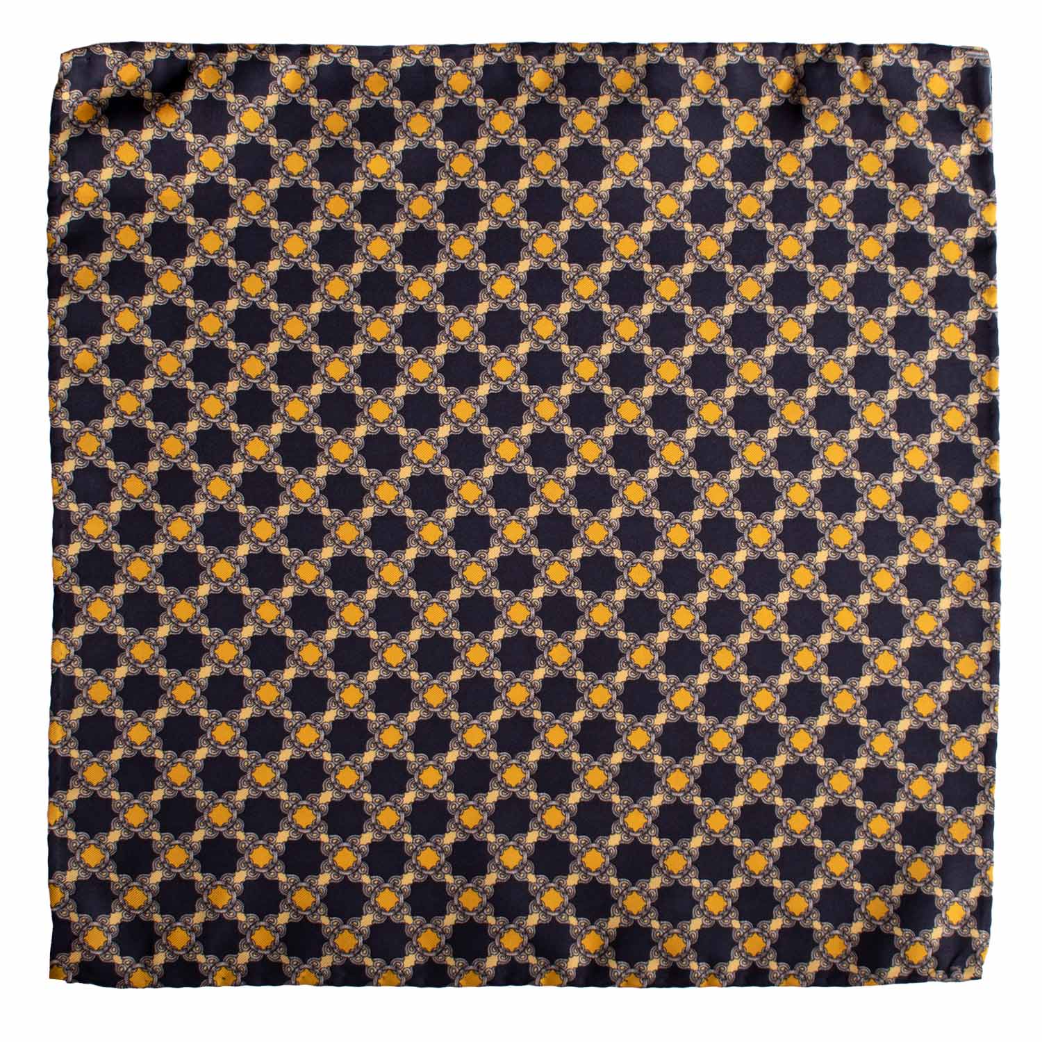 Fazzoletto da Taschino Vintage di Seta Blu Fantasia Gialla Grigia POCV1039 Graffeo Cravatte Made in Italy