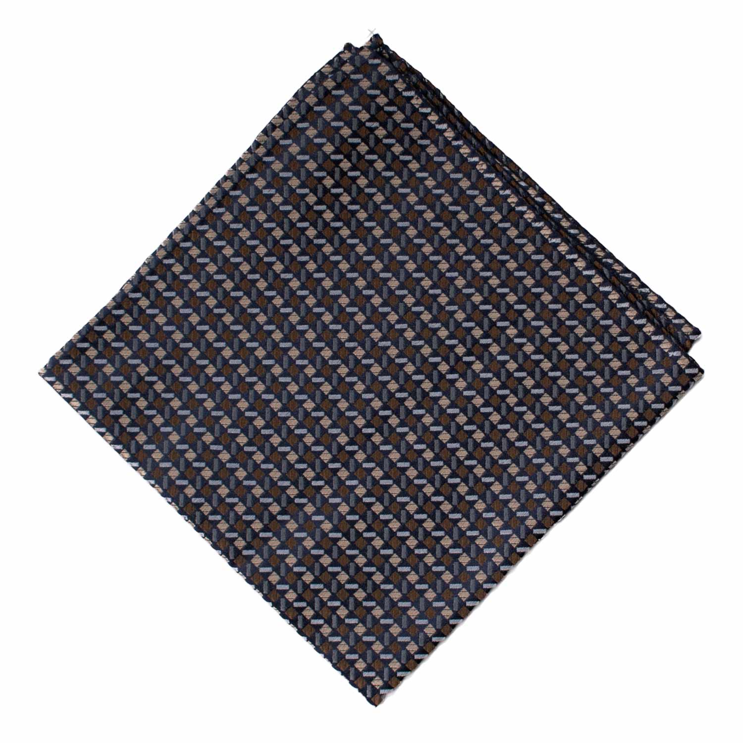 Fazzoletto da Taschino Vintage di Seta Blu Fantasia Marrone Celeste Tortora POCV894 Graffeo Cravatte Made in Italy Rombo