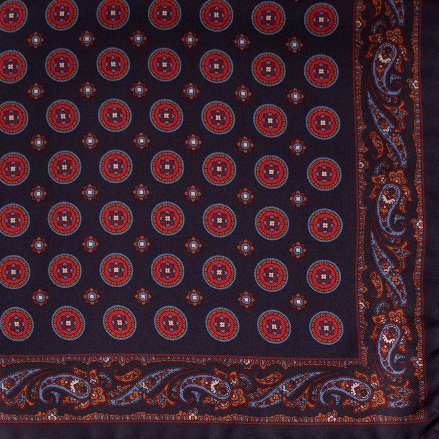 Fazzoletto da Taschino Vintage di Seta Blu Fantasia Rossa Arancione Celeste POCV638 Dettaglio