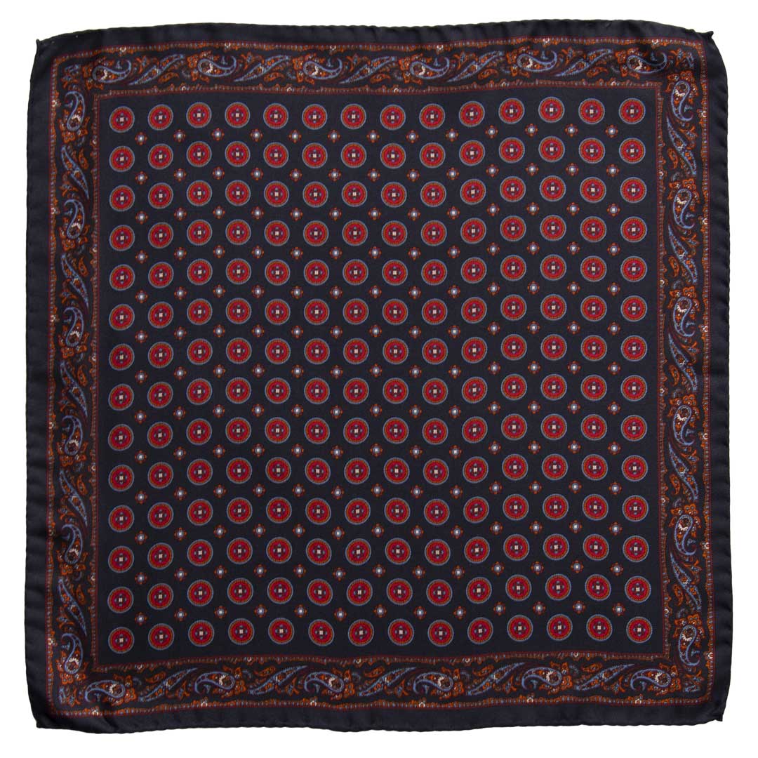 Fazzoletto da Taschino Vintage di Seta Blu Fantasia Rossa Arancione Celeste POCV638 Made in Italy Graffeo Cravatte