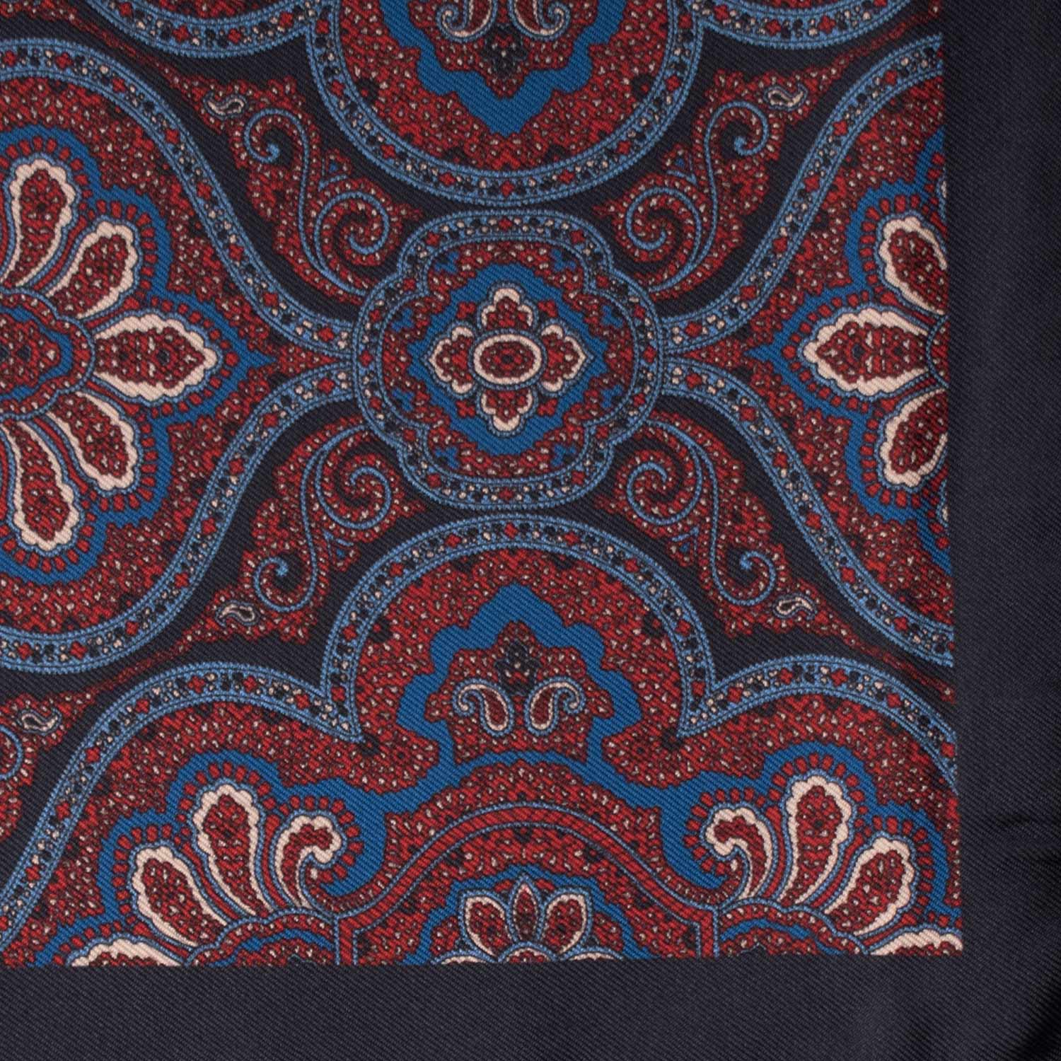 Fazzoletto da Taschino Vintage di Seta Blu Fantasia Rossa Bluette Bianca POCV684 Dettaglio