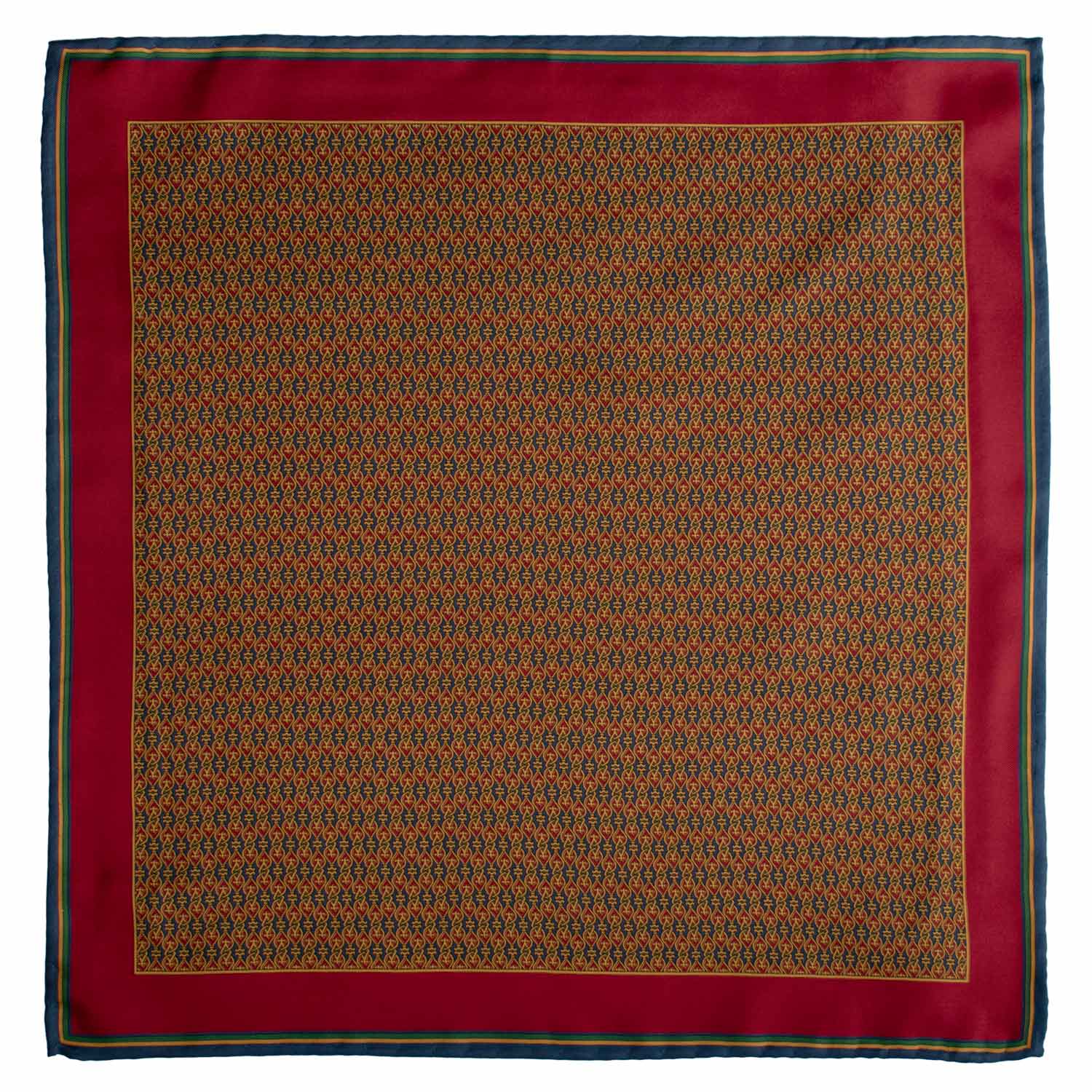 Fazzoletto da Taschino Vintage di Seta Blu Navy Fantasia Bordeaux Verde Giallo Oro POCV992 Graffeo Cravatte Made in Italy