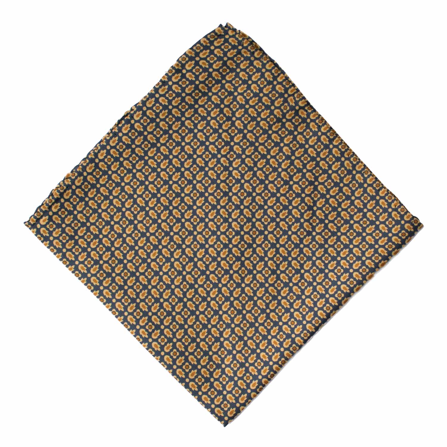 Fazzoletto da Taschino Vintage di Seta Blu Navy Fantasia Giallo Senape POCV1027 Graffeo Cravatte Made in Italy Rombo