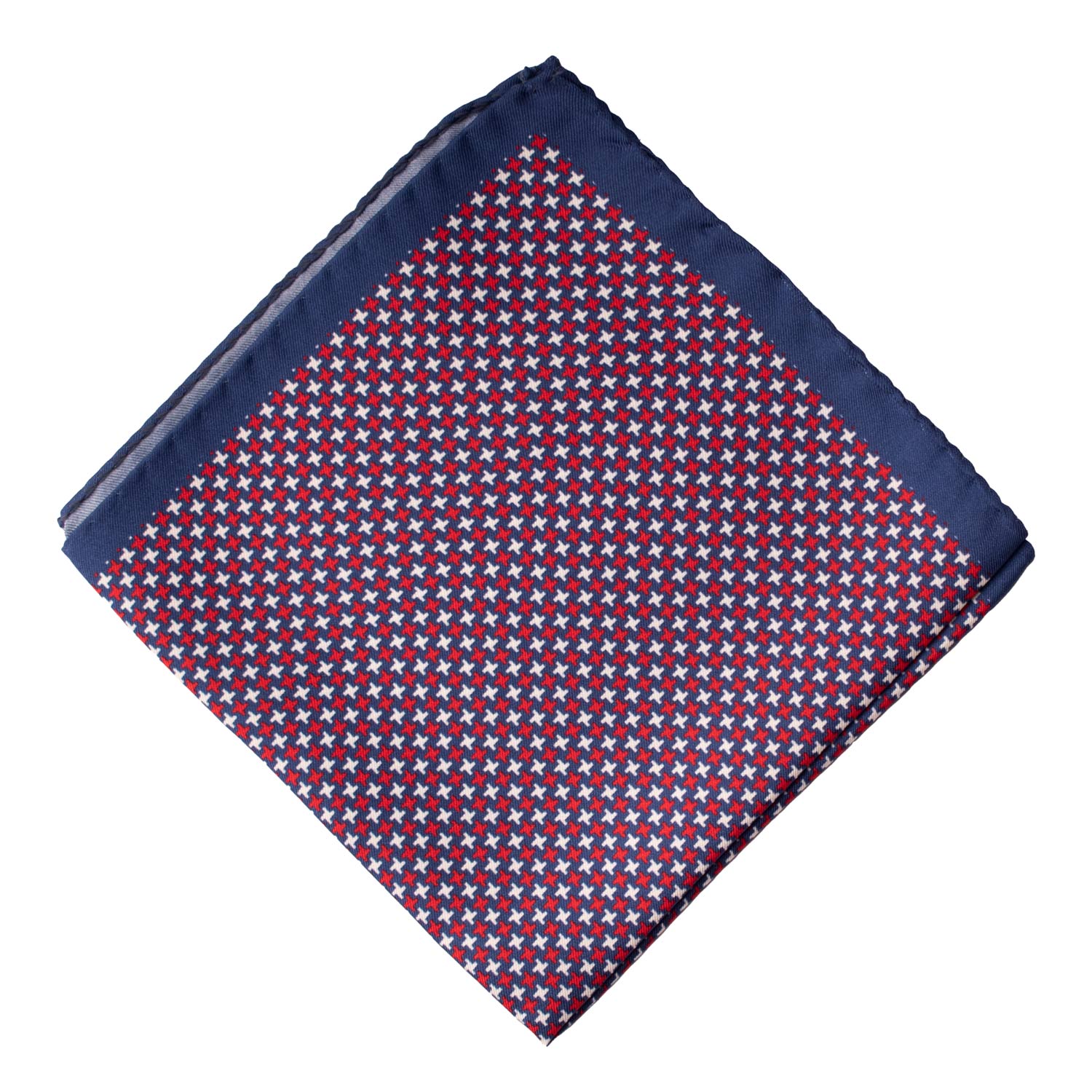 Fazzoletto da Taschino Vintage di Seta Blu Navy Pied de Poule Rosso Bianco POCV790 Piegata
