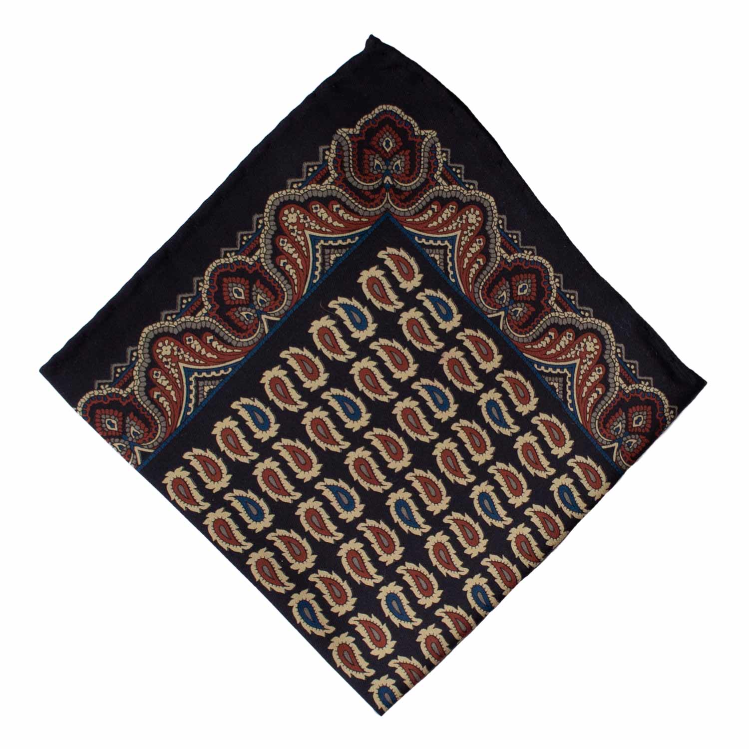 Fazzoletto da Taschino Vintage di Seta Blu Paisley Multicolor POCV859 Graffeo Cravatte Made in Italy Rombo