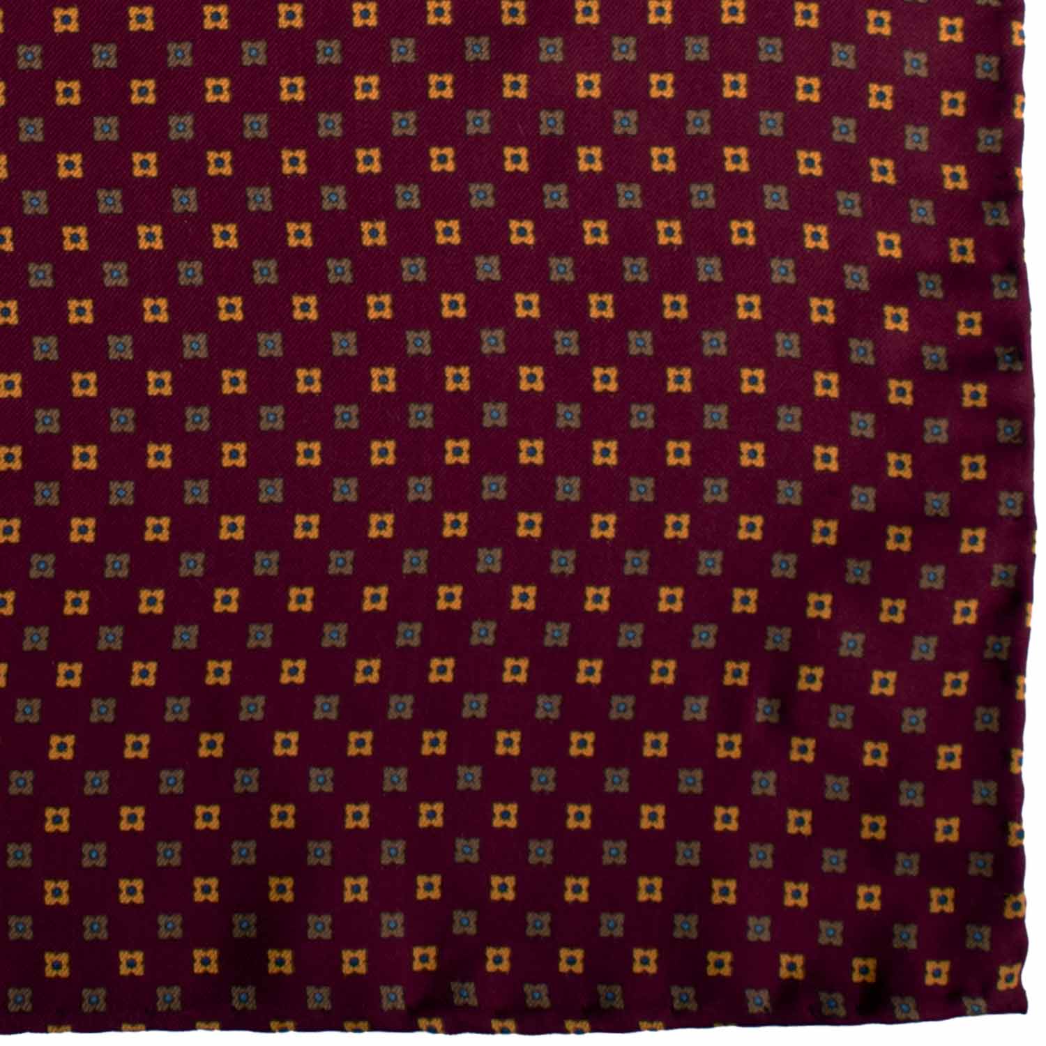 Fazzoletto da Taschino Vintage di Seta Bordeaux Fantasia Gialla Marrone Celeste POCV1014 Graffeo Cravatte Made in Italy Dettaglio