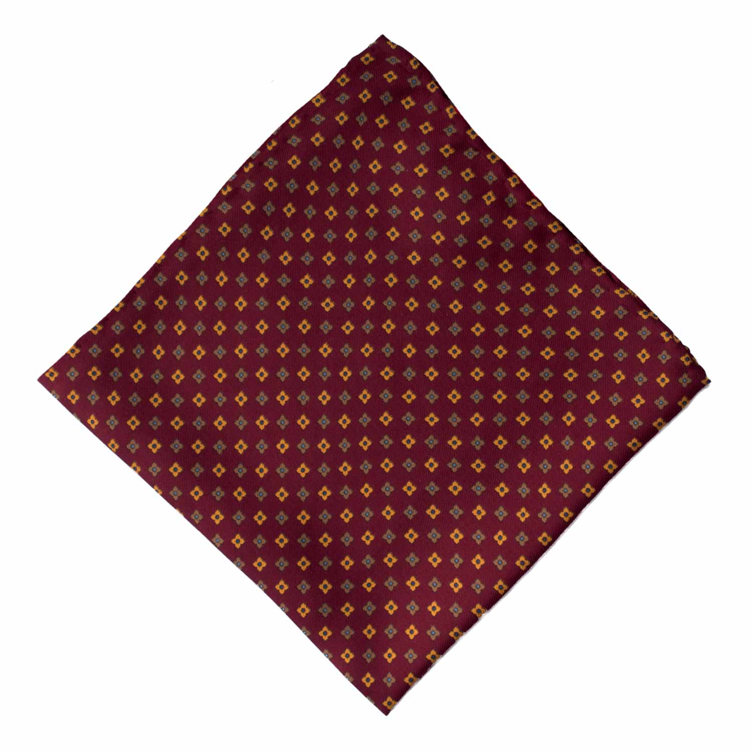 Fazzoletto da Taschino Vintage di Seta Bordeaux Fantasia Gialla Marrone Celeste POCV1014 Graffeo Cravatte Made in Italy Rombo