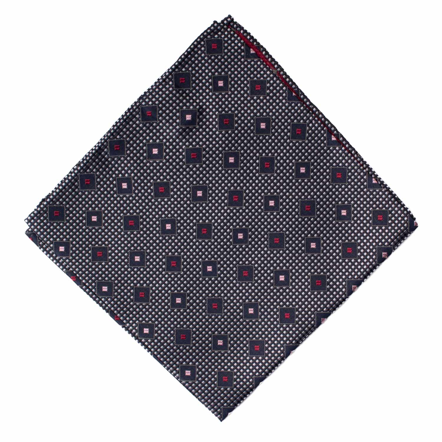 Fazzoletto da Taschino Vintage di Seta Grigio Argento Blu Fantasia Rosa Bordeaux POCV1026 Graffeo Cravatte Made in Italy  Rombo