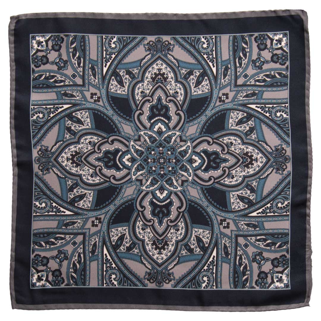 Fazzoletto da Taschino Vintage di Seta Grigio Fantasia Blu Avio Bianco POCV673 Made in Italy Graffeo Cravatte
