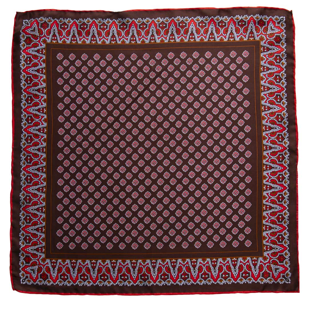 Fazzoletto da Taschino Vintage di Seta Marrone Fantasia Rossa Celeste POCV627 Made in Italy Graffeo Cravatte