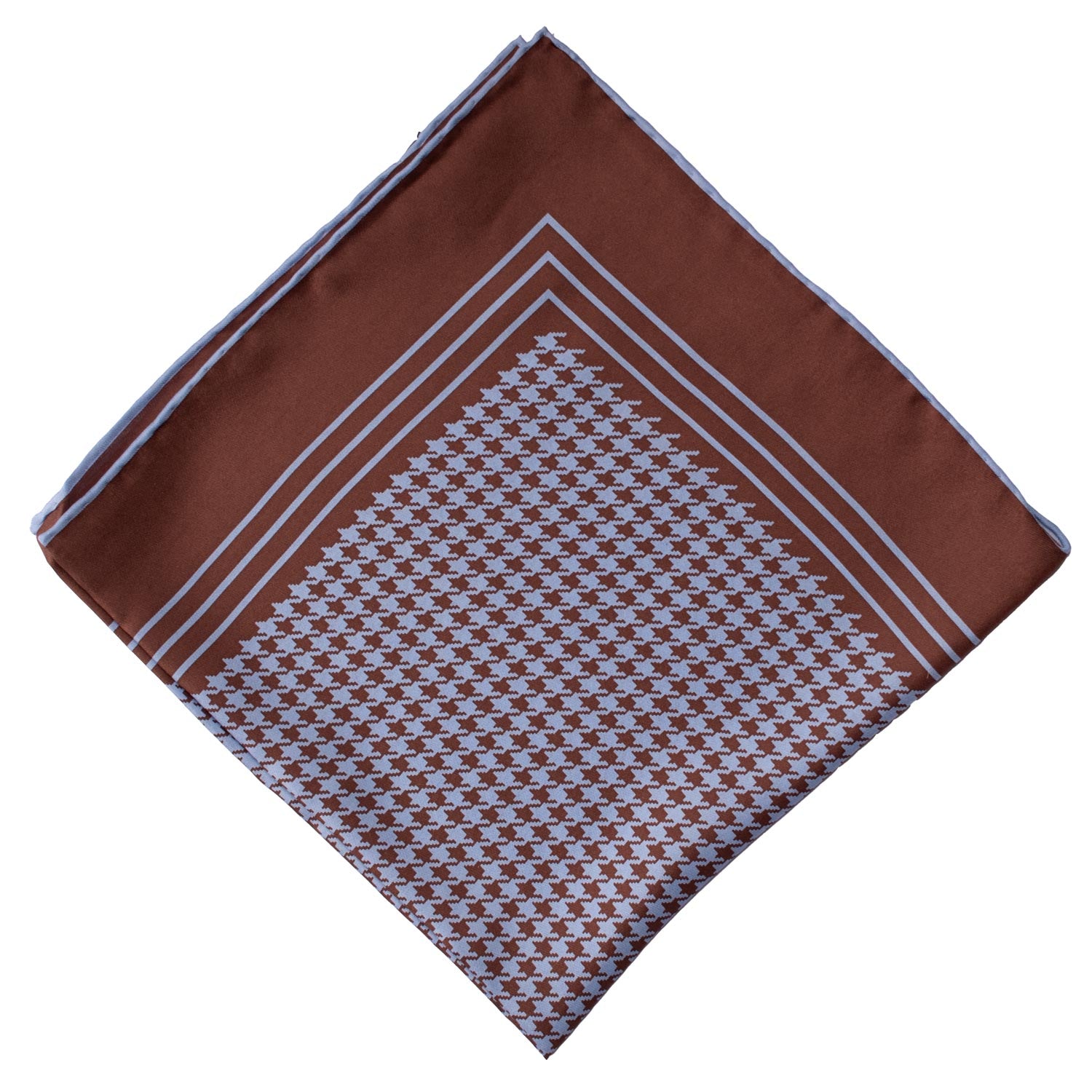 Fazzoletto da Taschino Vintage di Seta Marrone Pied de Poule Celeste POCV612 Piegata