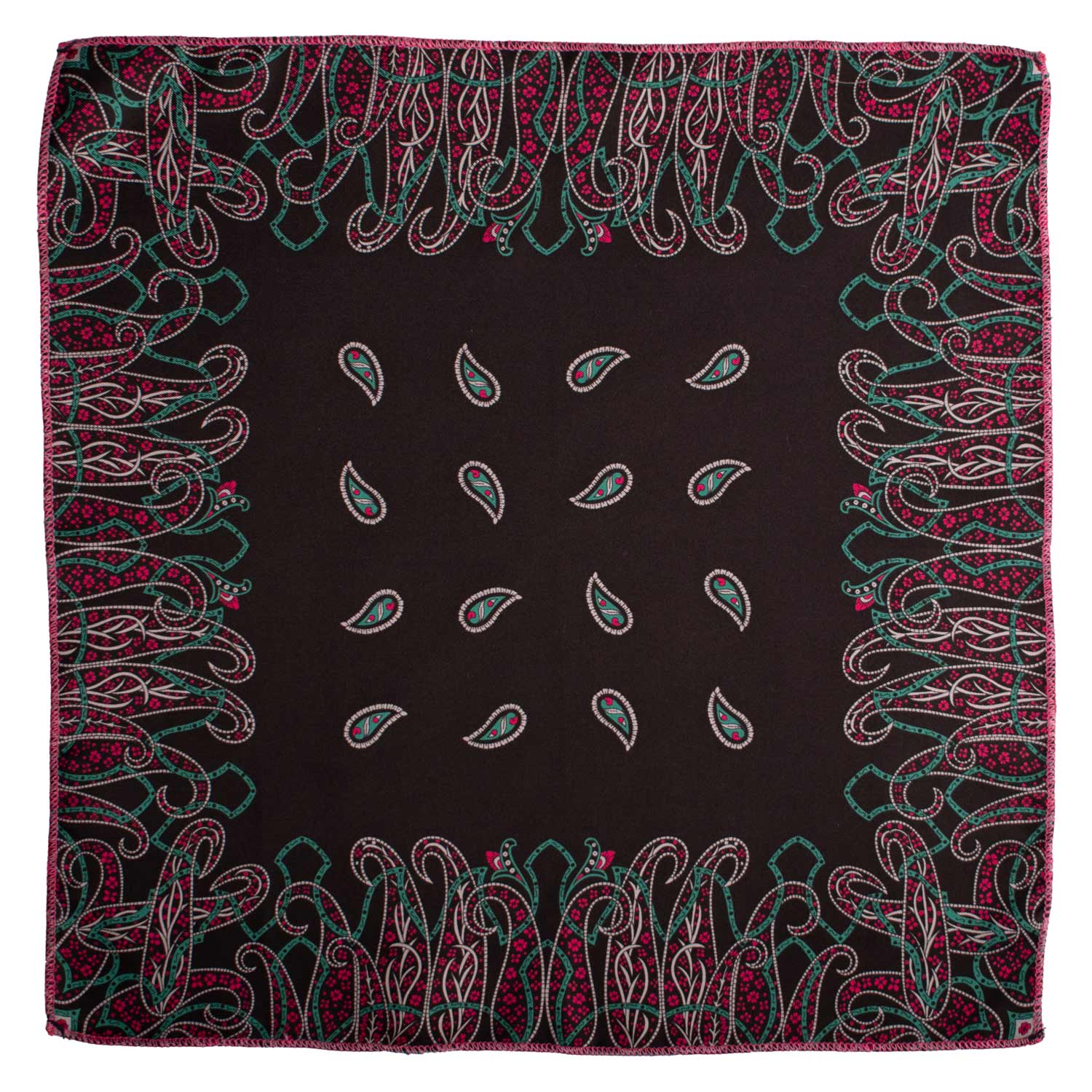 Man Black Vintage Silk Pocket Square Water Green Grey Fuchsia Paisley POCV1061
