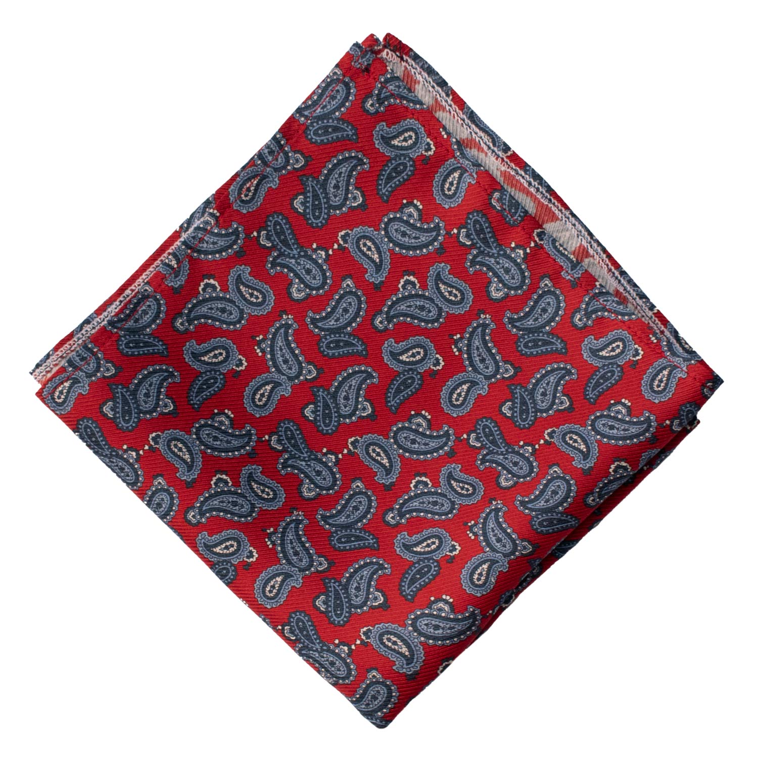 Fazzoletto da Taschino Vintage di Seta Rosso Paisley Blu Celeste POCV1081 Made in Italy Graffeo Cravatte Rombo