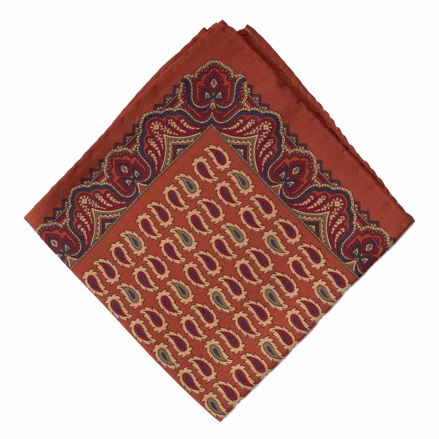 Fazzoletto da Taschino Vintage di Seta Ruggine Paisley Multicolor POCV853 Graffeo Cravatte Made in Italy Rombo