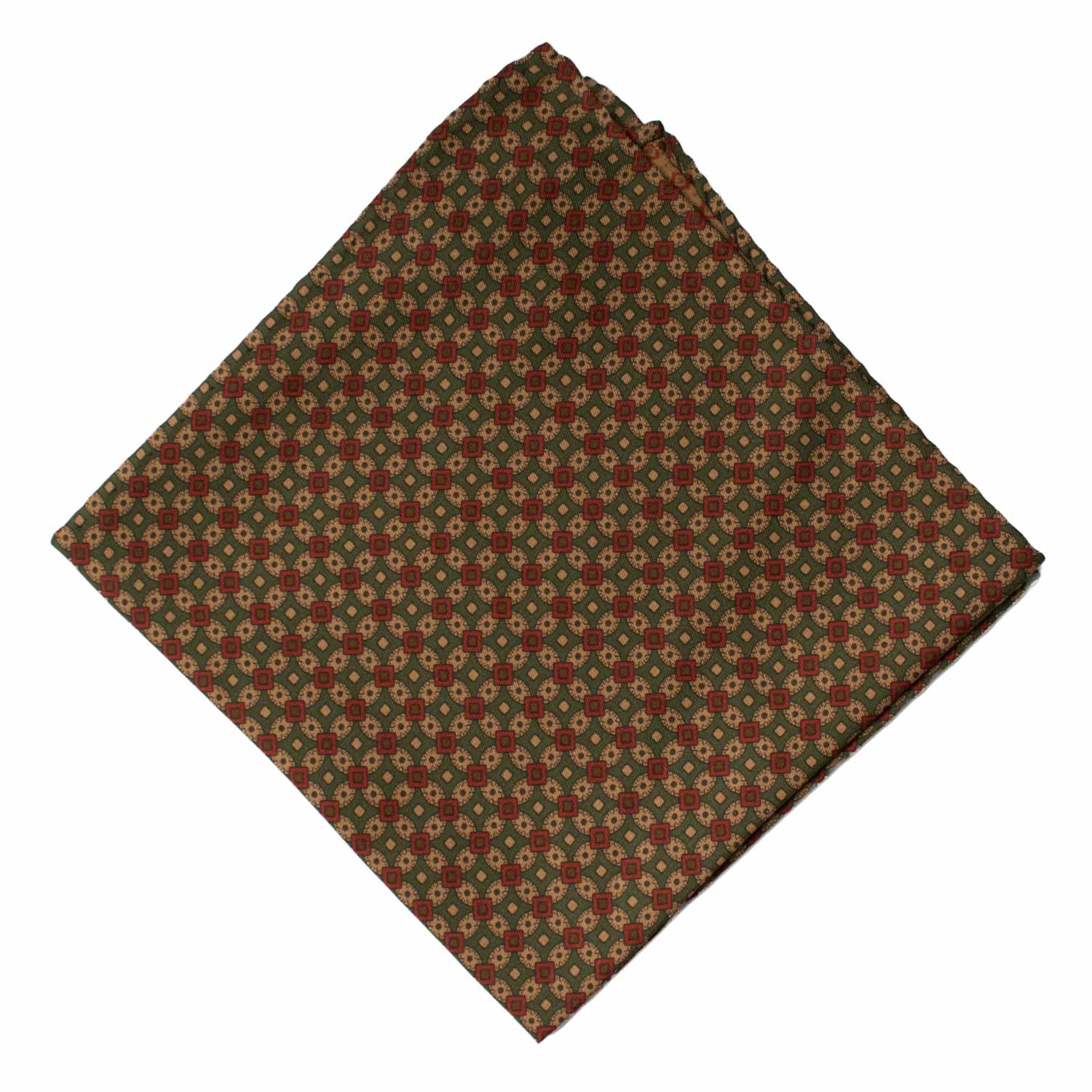 Fazzoletto da Taschino Vintage di Seta Verde Fantasia Rossa Marrone Beige POCV995 Graffeo Cravatte Made in Italy Rombo