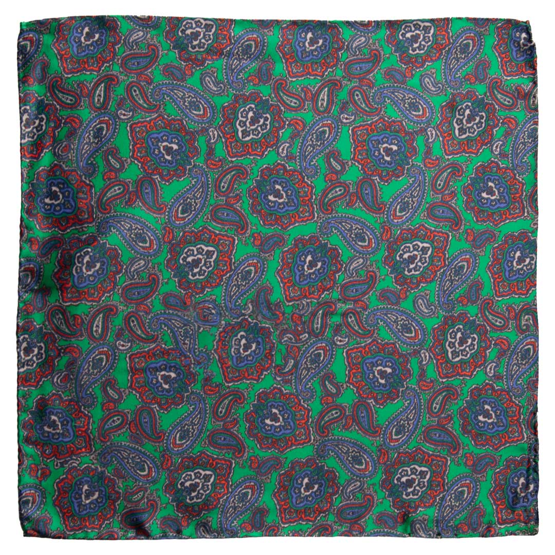Fazzoletto da Taschino Vintage di Seta Verde Paisley Multicolor POCV700 Made in Italy Graffeo Cravatte