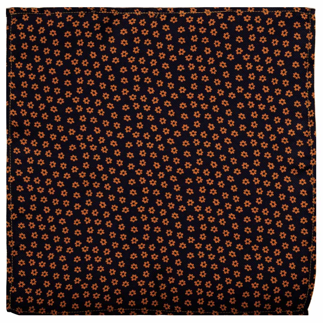 Fazzoletto da Taschino di Seta Blu Navy Fiori Arancione Made in Italy Graffeo Cravatte