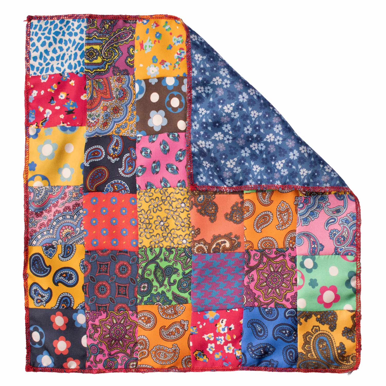 Vintage Patchwork Silk Pocket Square Multicolor Pattern POCP89 Made in Italy Graffeo Cravatte Retro