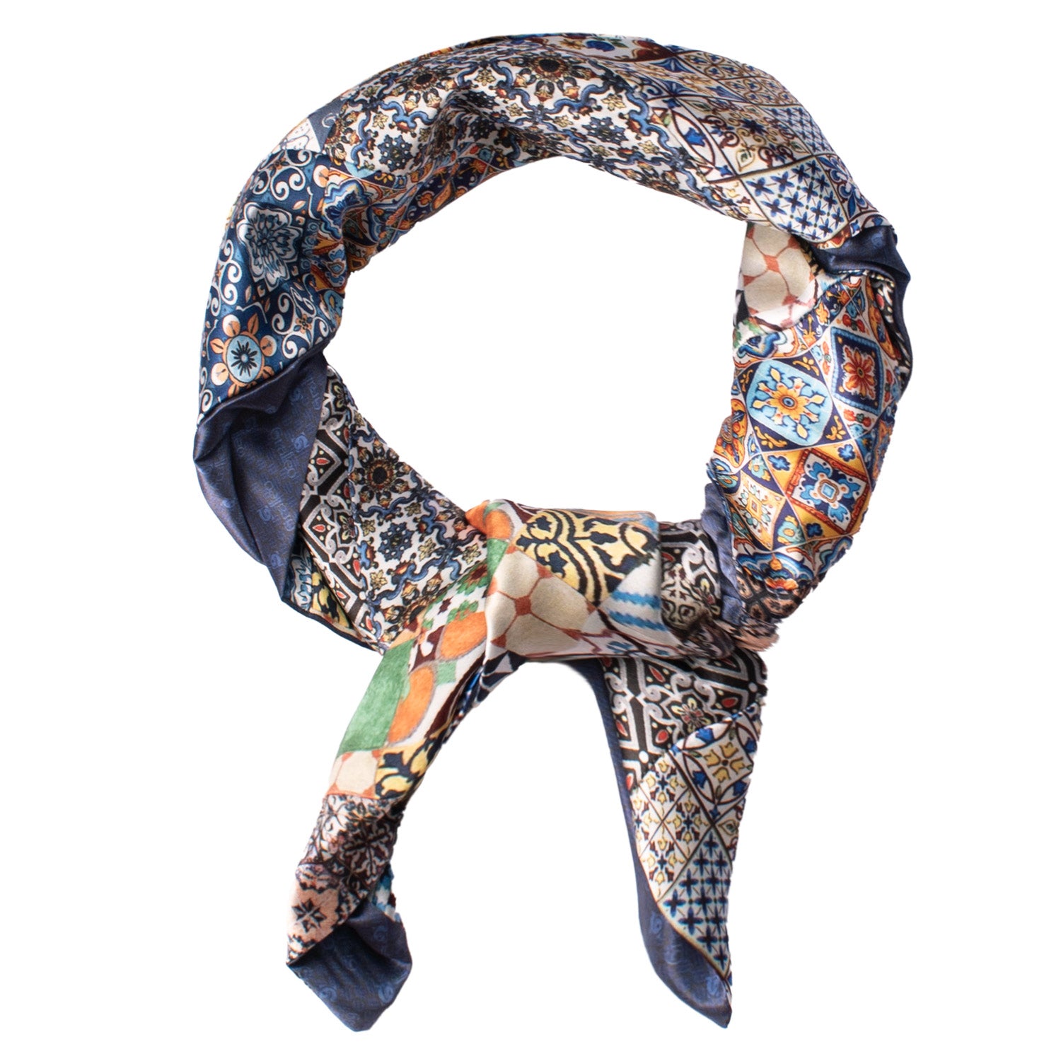 Foulard Siciliano di Raso Vintage Patchwork con Maioliche Multicolor F