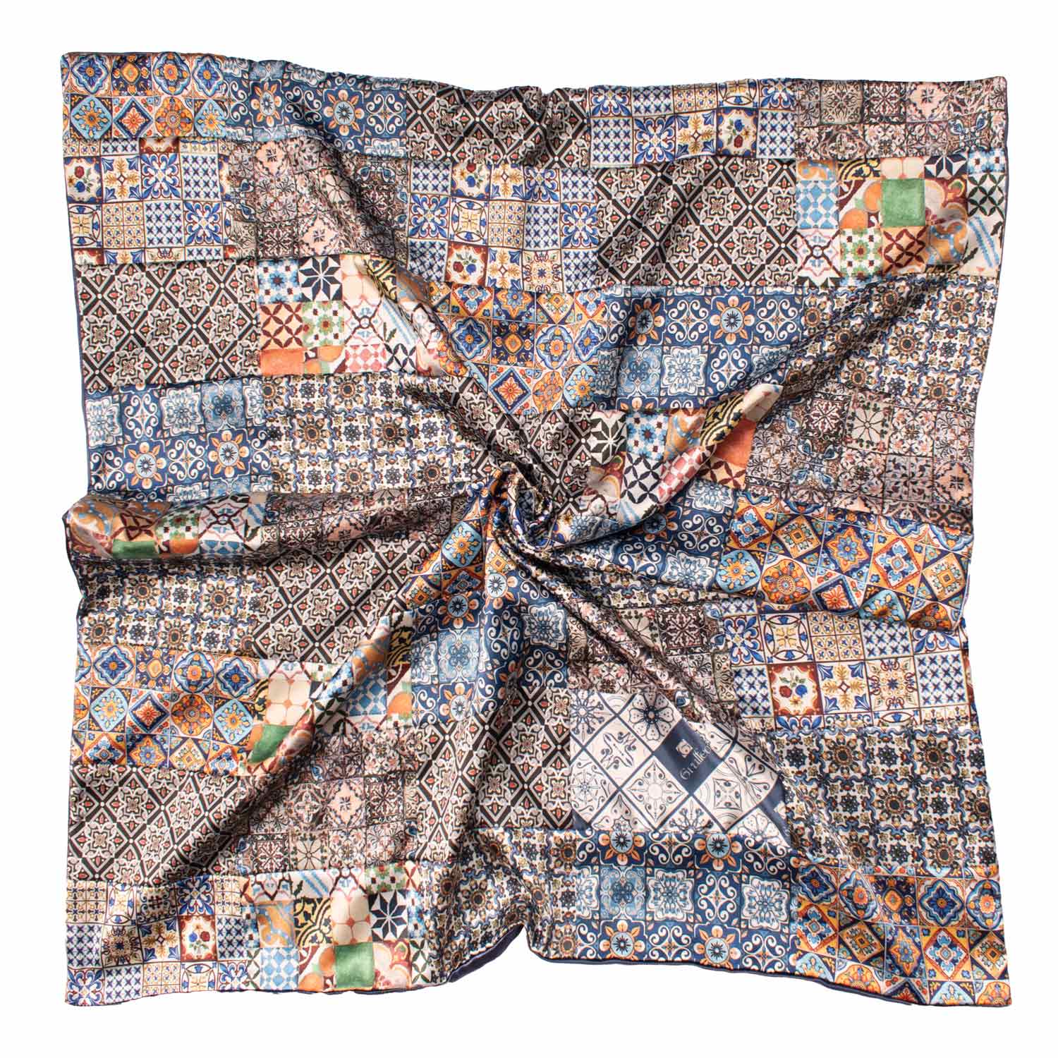 Foulard Siciliano di Raso Vintage Patchwork con Maioliche Multicolor FP56 Made in Italy Graffeo Cravatte Tessuto