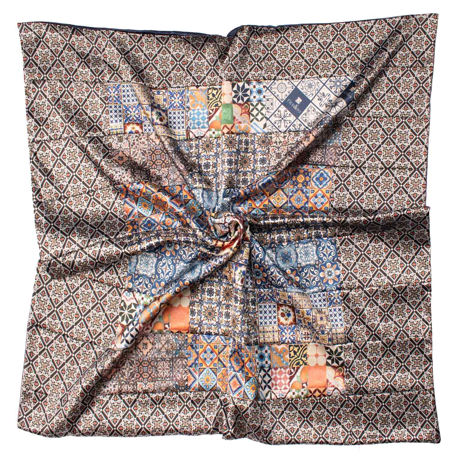 Foulard Siciliano di Raso Vintage Patchwork con Maioliche Multicolor FP58 Made in Italy Graffeo Cravatte Tessuto