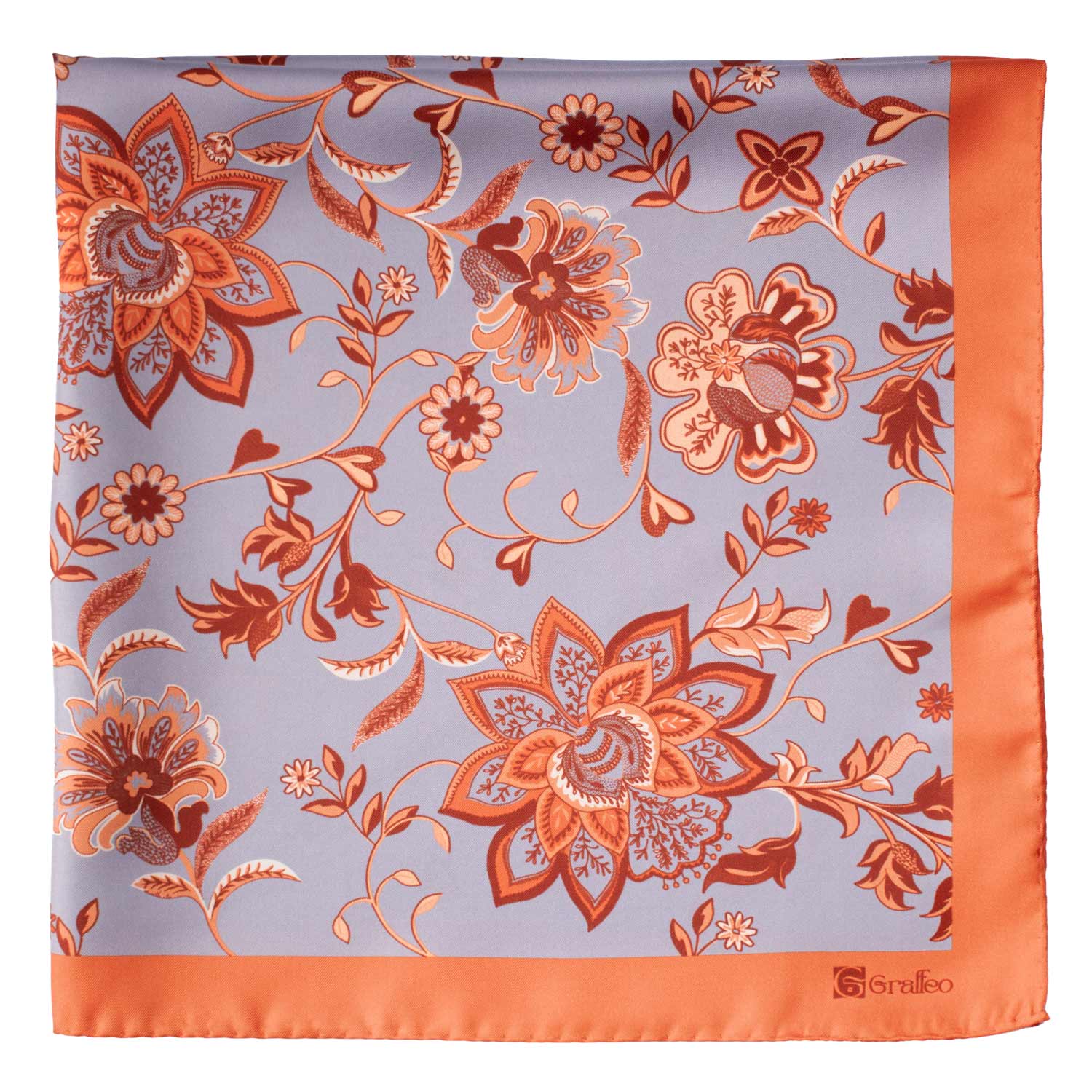 Foulard Vintage di Seta Blu Ceruleo Arancione A Fiori Multicolor F22 Dettaglio