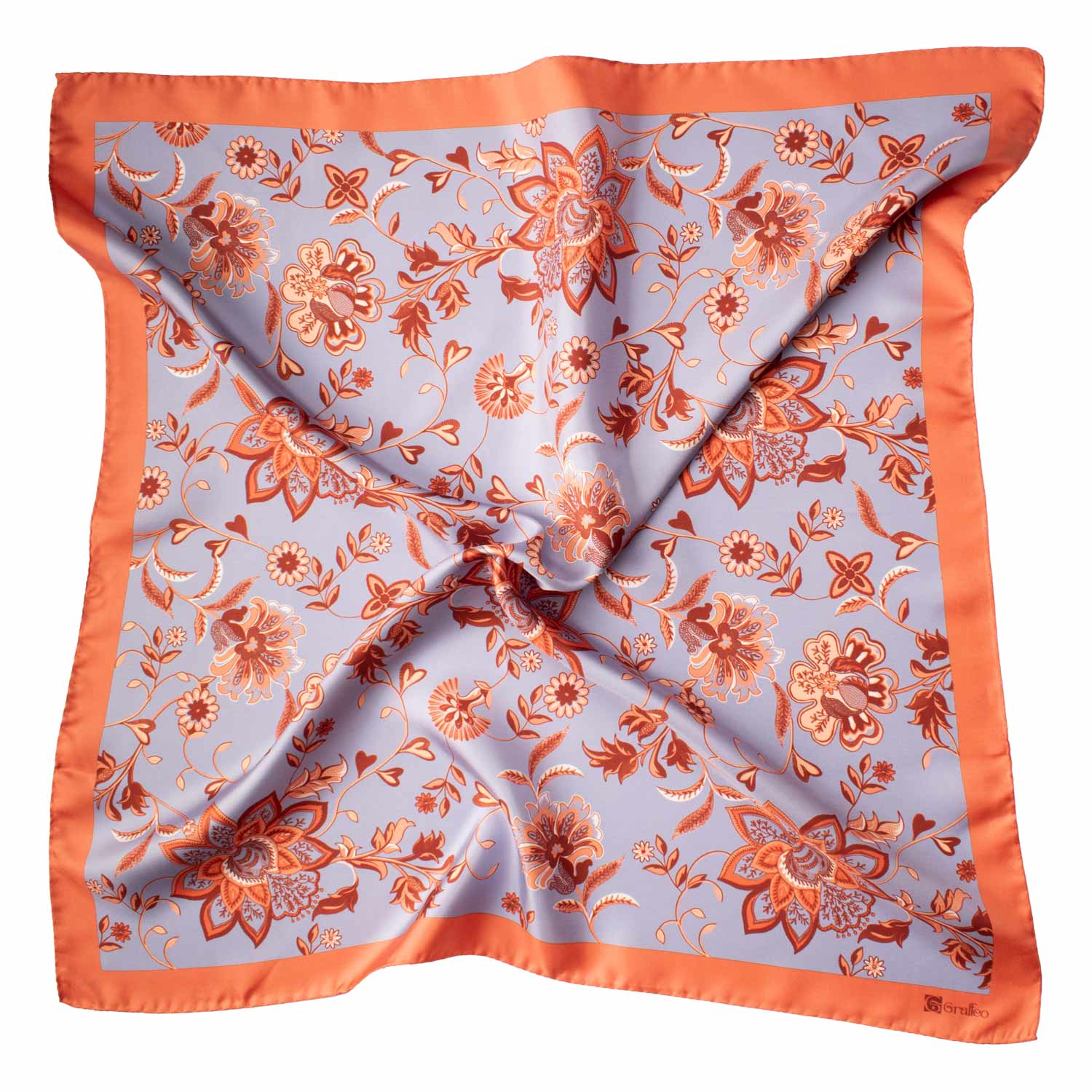 Foulard Vintage di Seta Blu Ceruleo Arancione A Fiori Multicolor F22 Tessuto