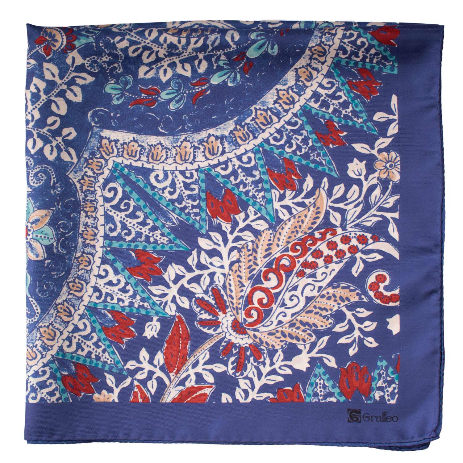 Foulard Vintage di Seta Blu Paisley Multicolor F28 Dettaglio
