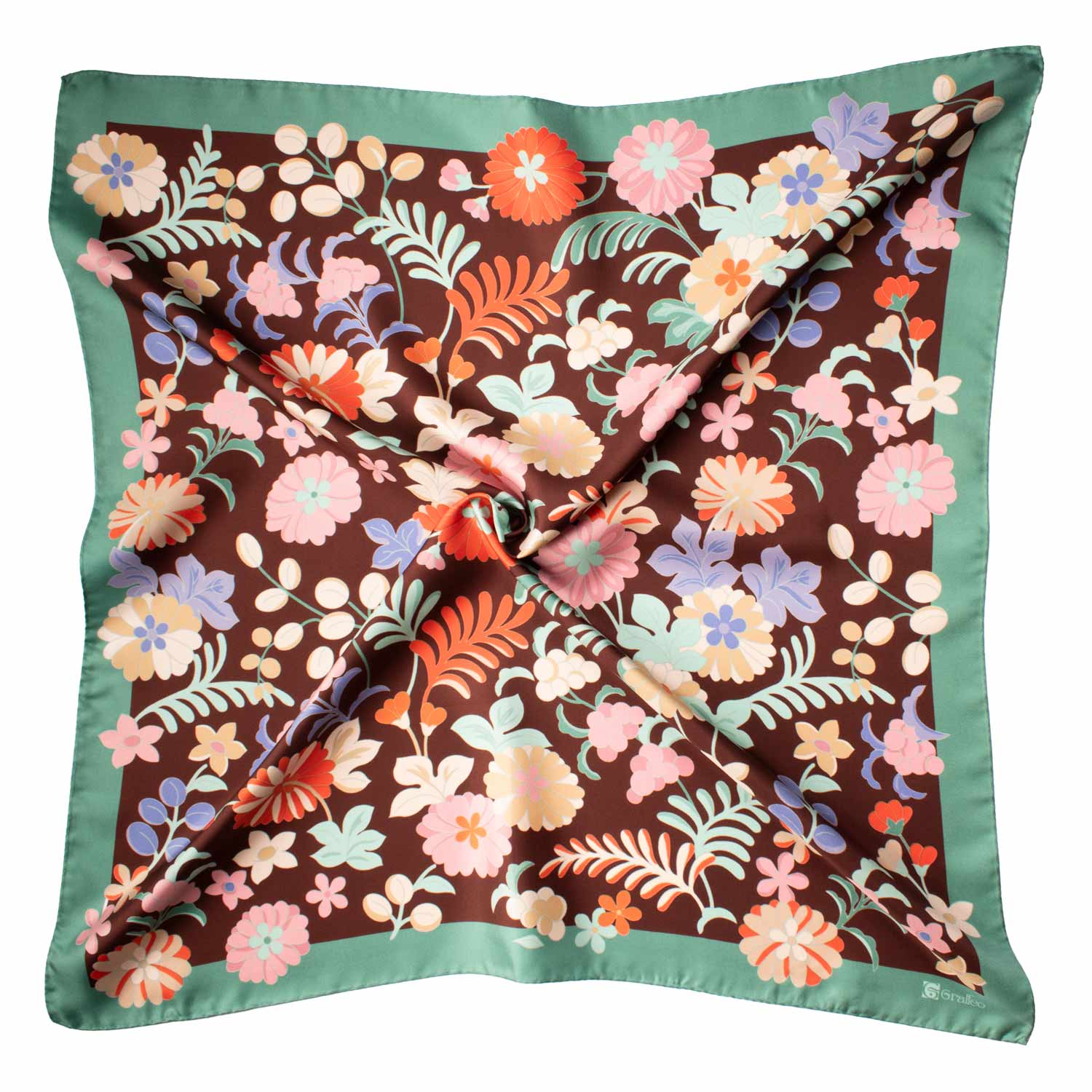 Foulard Vintage di Seta Marrone Verde A Fiori Multicolor F51 Tessuto