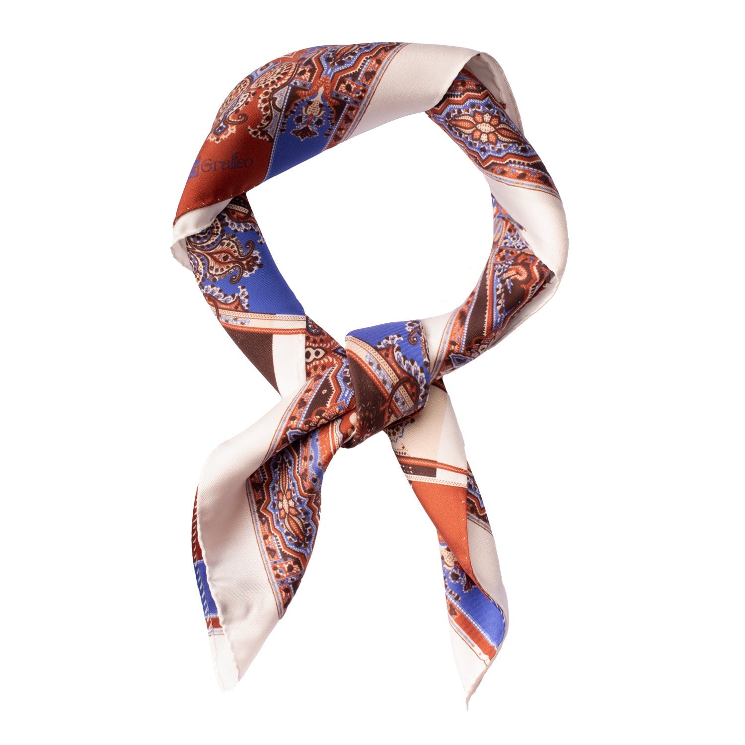 Foulard Vintage di Seta Panna Ruggine Fantasia Multicolor F48 Annodato