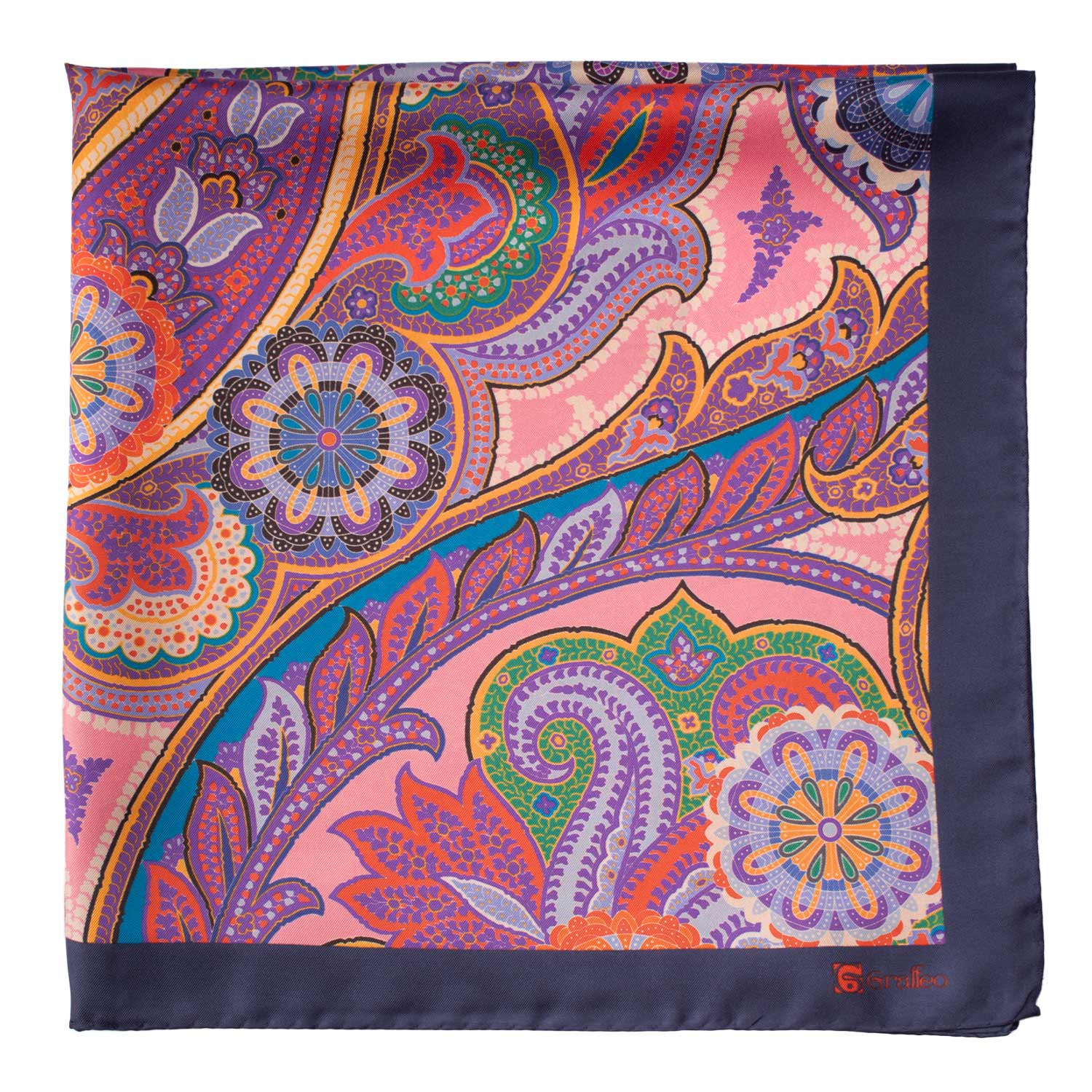 Foulard Vintage di Seta Rosa Viola Scuro Paisley Multicolor F33 Dettaglio