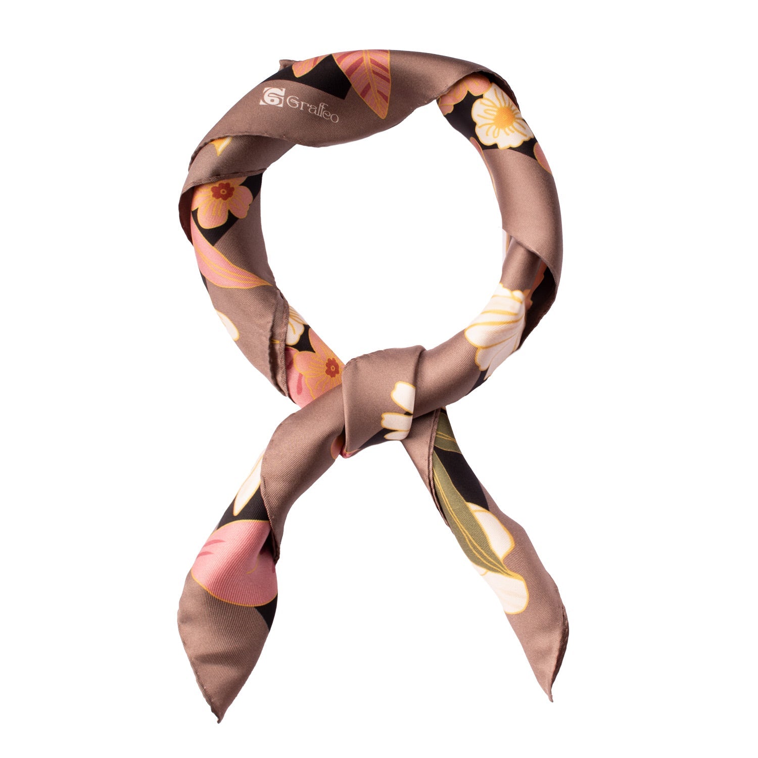 Foulard Vintage di Seta Tortora Nero A Fiori Multicolor F52 Annodato