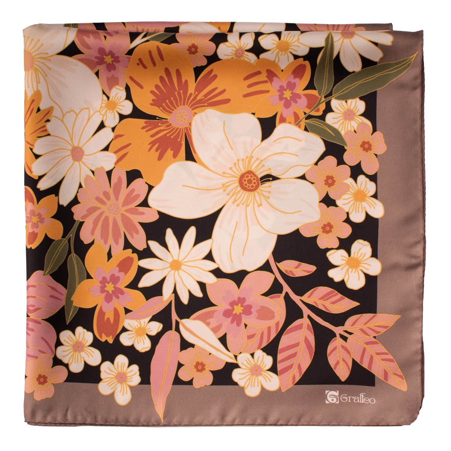 Foulard Vintage di Seta Tortora Nero A Fiori Multicolor F52 Dettaglio