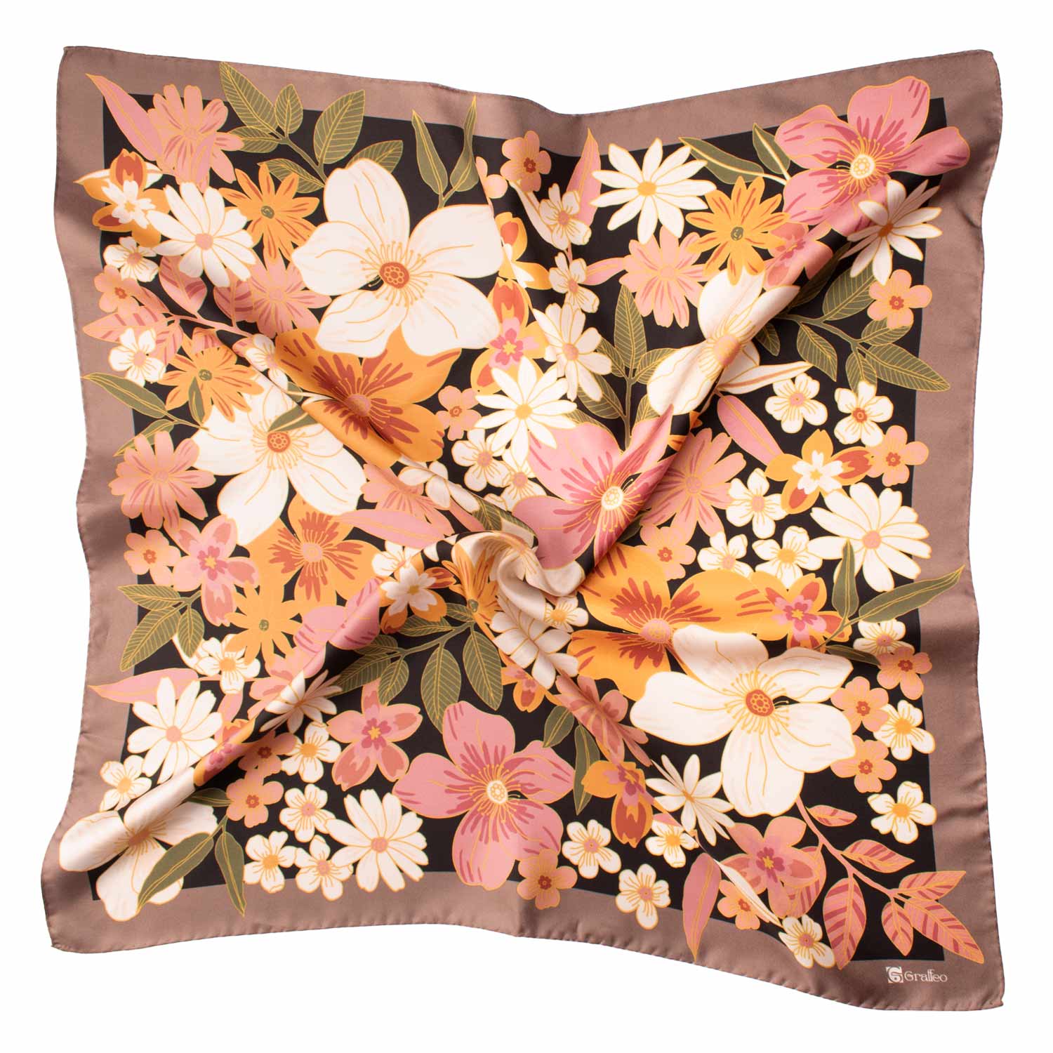 Foulard Vintage di Seta Tortora Nero A Fiori Multicolor F52 Tessuto