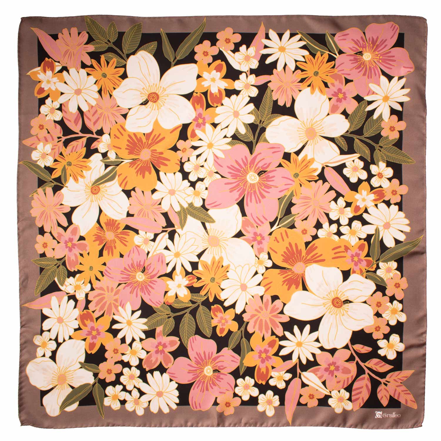 Foulard Vintage di Seta Tortora Nero A Fiori Multicolor F52 Made in Italy Graffeo Cravatte