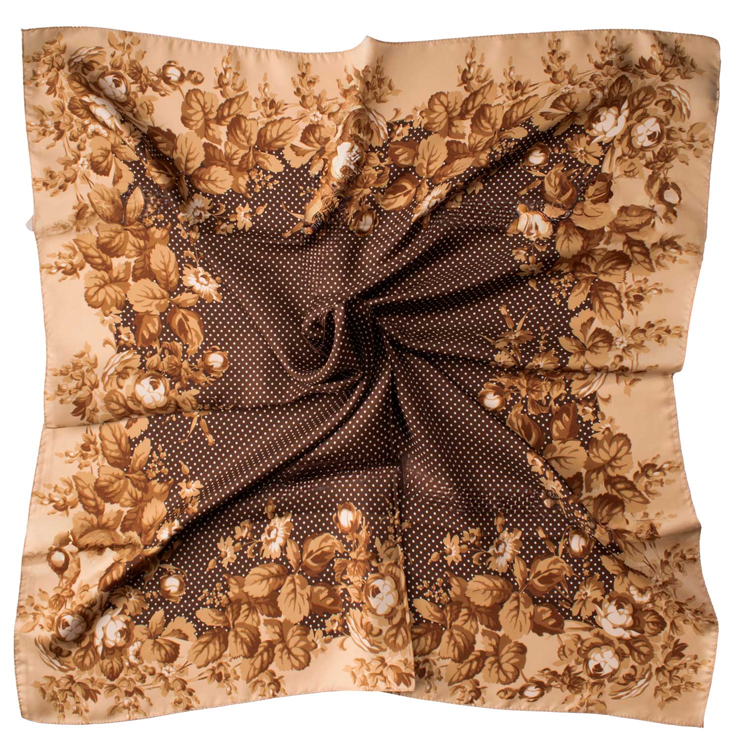 Foulard di Seta Marrone a Pois Bianchi a Fiori color Champagne Made in Italy Graffeo Cravatte Tessuto