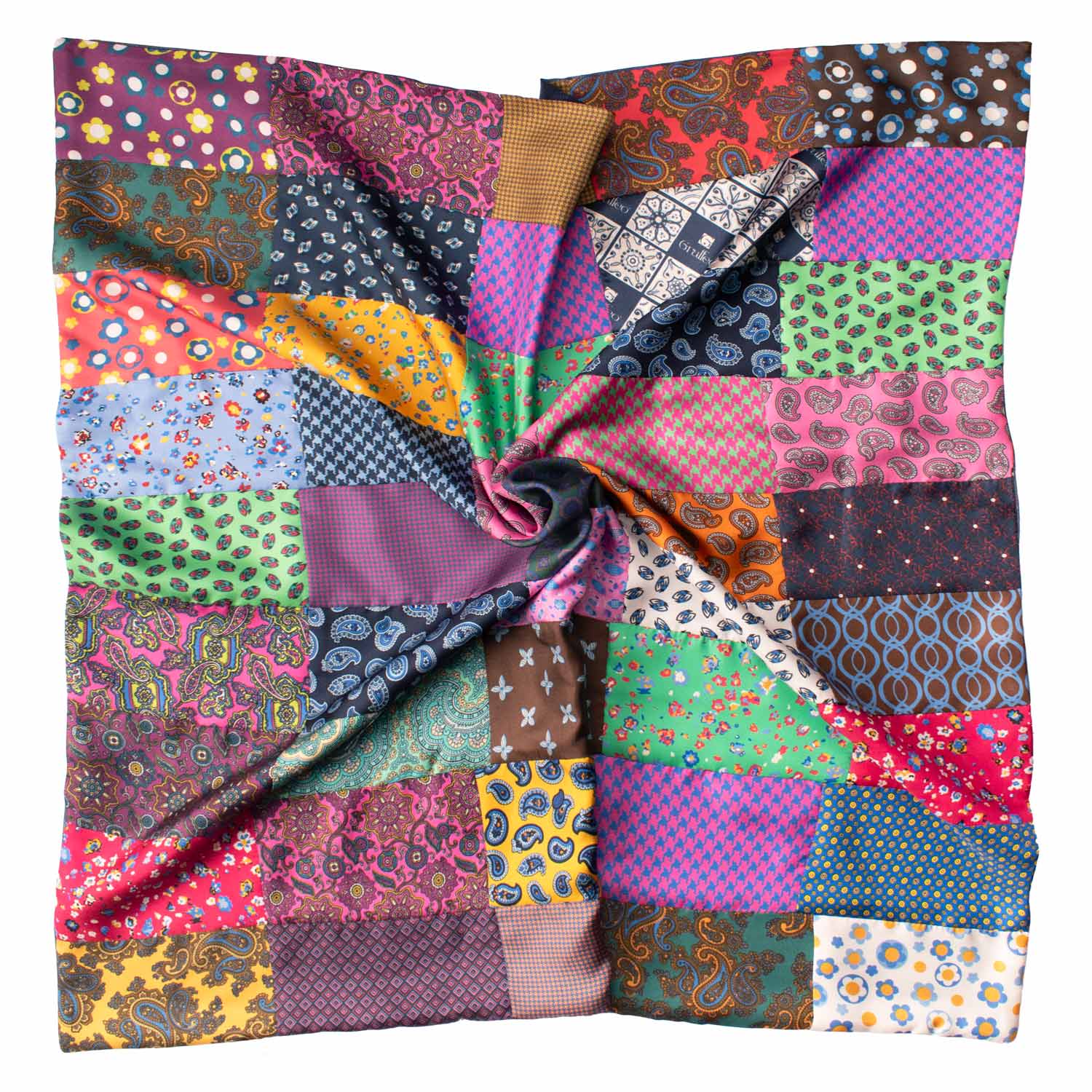 Foulard di Seta Vintage Patchwork Fantasia Multicolor FP64 Made in Italy Graffeo Cravatte Tessuto