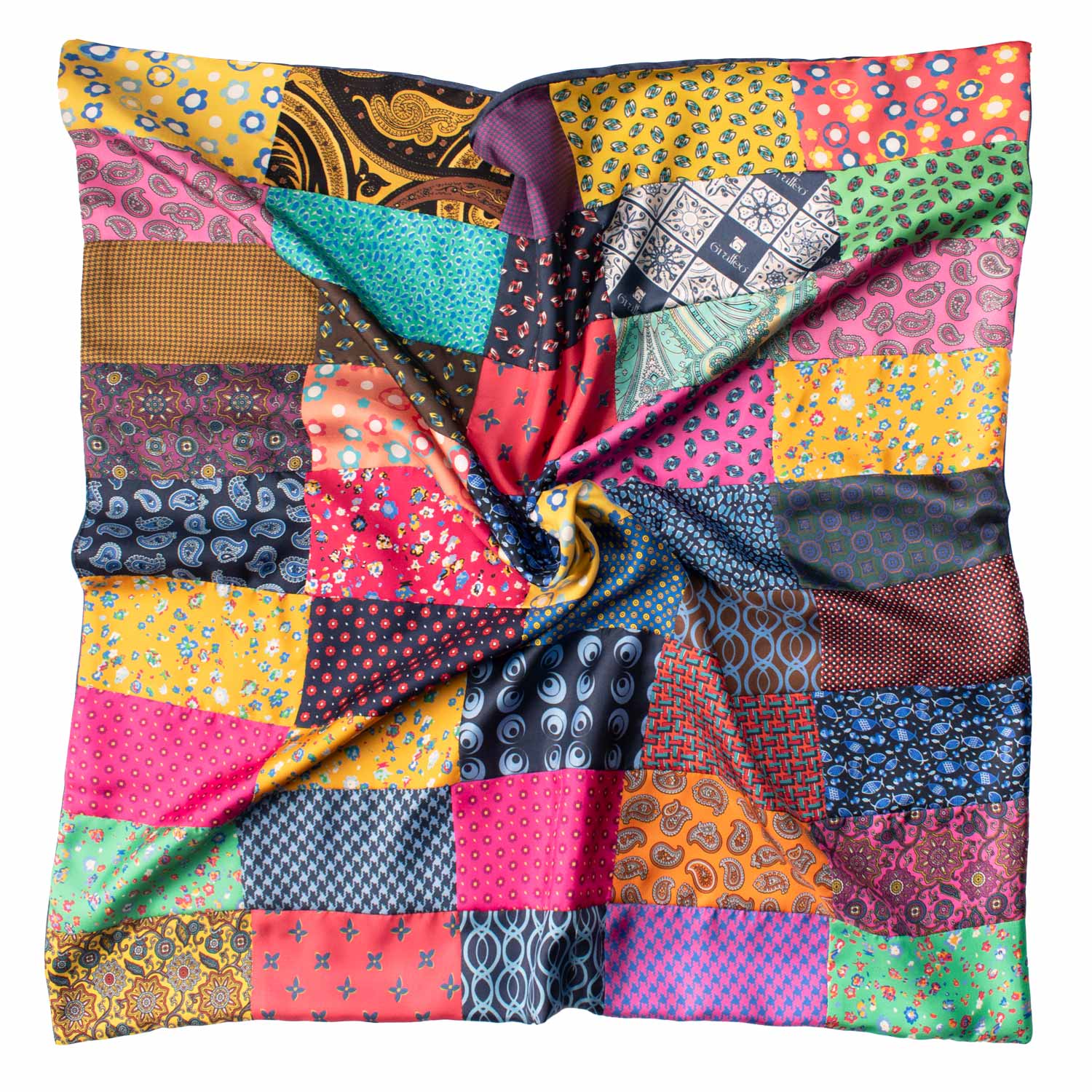 Foulard di Seta Vintage Patchwork Fantasia Multicolor FP66 Made in Italy Graffeo Cravatte Tessuto