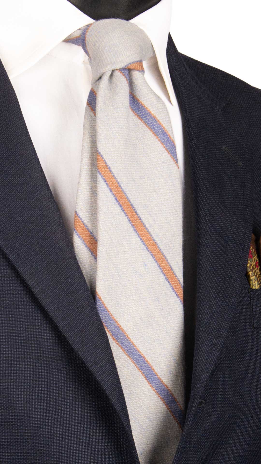 Cravatta-Regimental-in-Lana-Cashmere-Azzurra-Polvere-con-Righe-Bluette-Marrone- L969