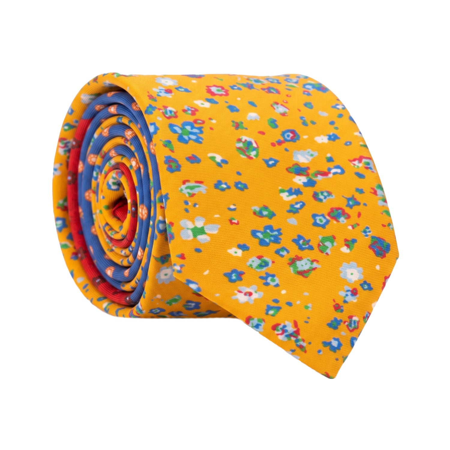 Cravatta Stampa di Seta Gialla Fantasia Multicolor Nodo in Contrasto Rosso Fantasia Verde Oliva Azzurro N3297 Made in Italy Graffeo Cravatte Rotolo