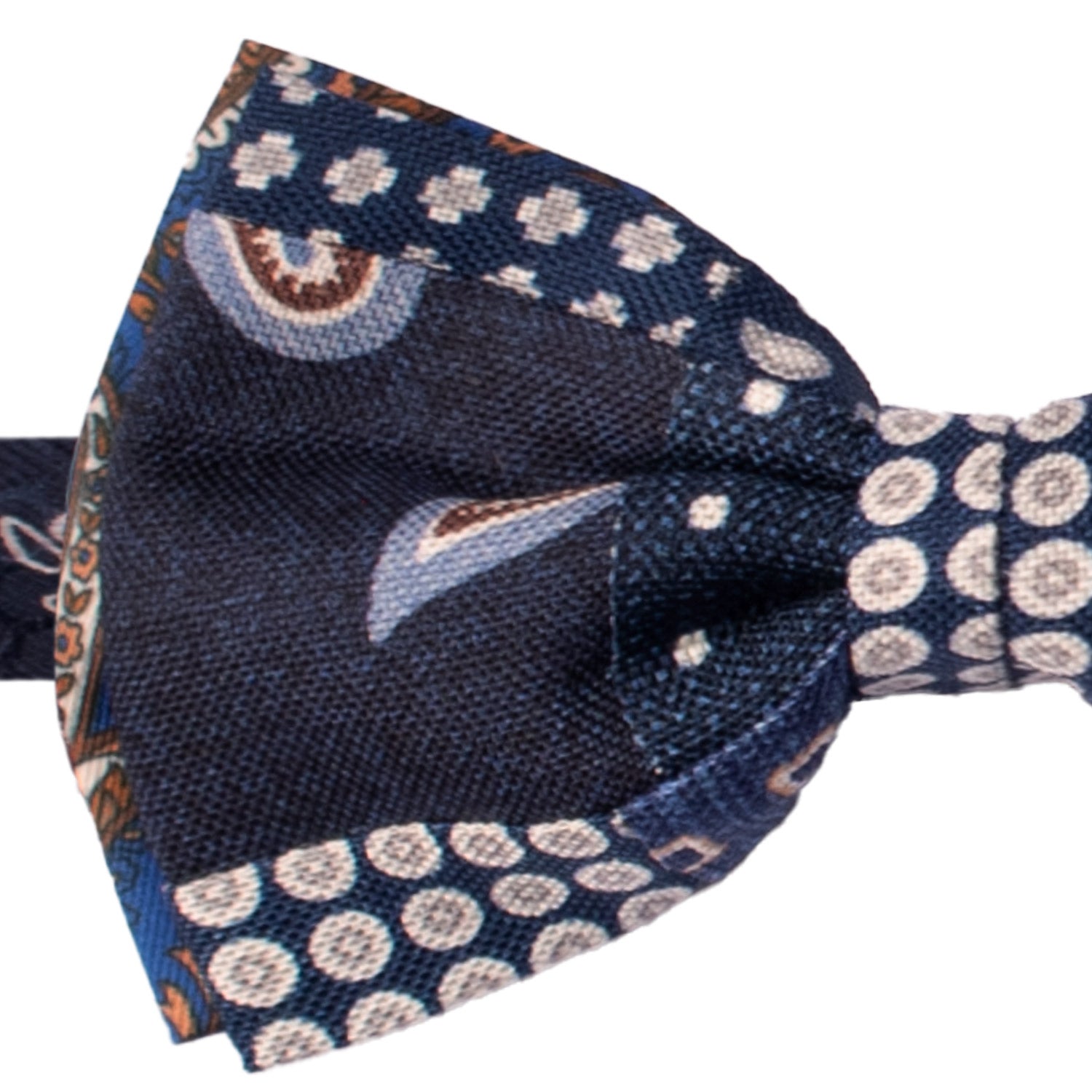 Papillon Annodato Patchwork Stampa di Seta Blu Fantasia Multicolor PATCH1050 Made in Italy Graffeo Cravatte Dettaglio