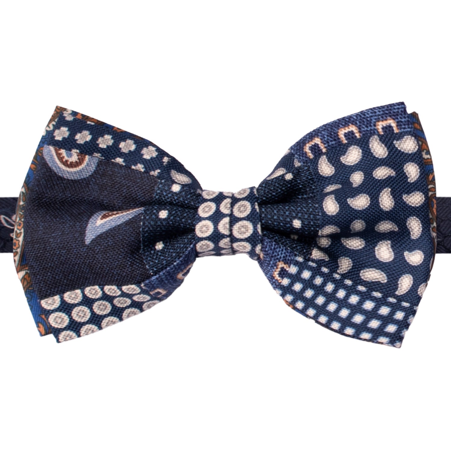 Papillon Annodato Patchwork Stampa di Seta Blu Fantasia Multicolor PATCH1050 Made in Italy Graffeo Cravatte