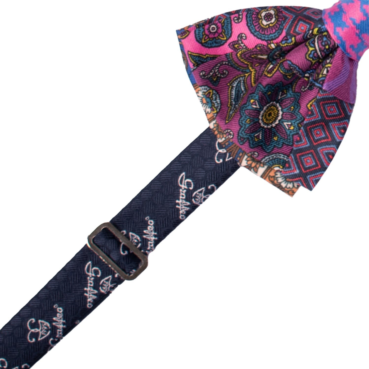 Papillon Annodato Patchwork Stampa di Seta Viola Fantasia Multicolor PATCH1062 Made in Italy Graffeo Cravatte Pre-Tied