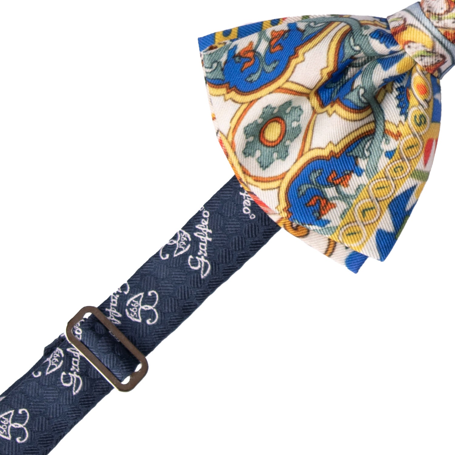 Papillon Annodato Siciliano Sartoriale in Seta Stampata con Maioliche PS199 Graffeo Cravatte Made in Italy Pre-Tied