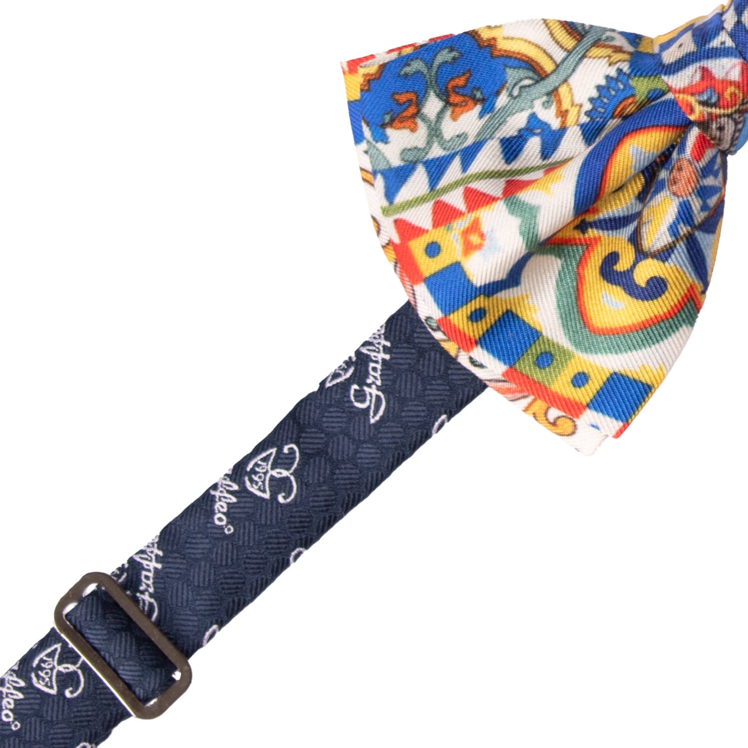 Papillon Annodato Siciliano Sartoriale in Seta Stampata con Maioliche PS203 Graffeo Cravatte Made in Italy Pre-Tied