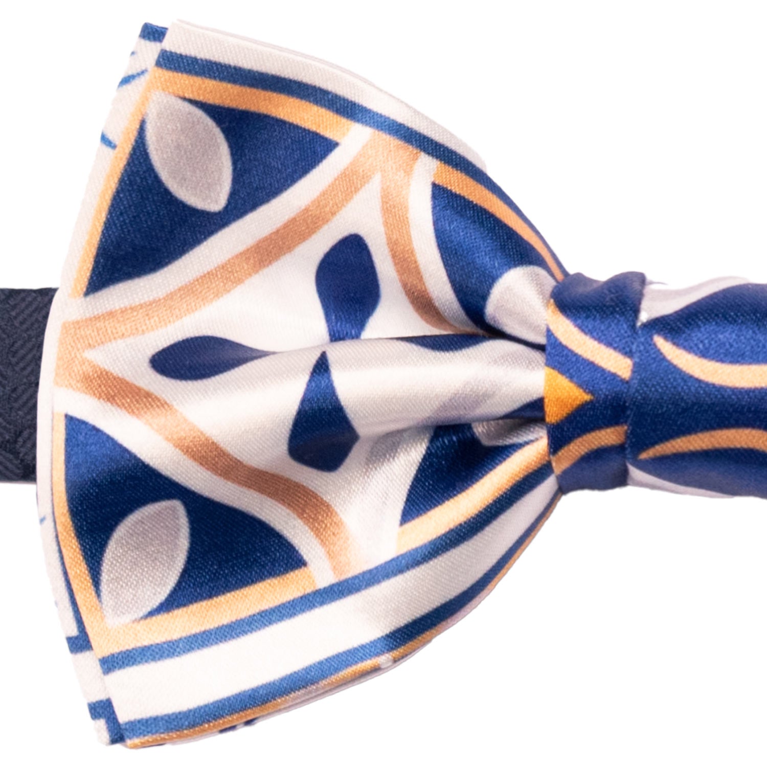 Papillon Annodato Siciliano Stampa di Raso Bianco con Maioliche Giallo Ocra Blu PS244 Made in Italy Graffeo Cravatte Dettaglio